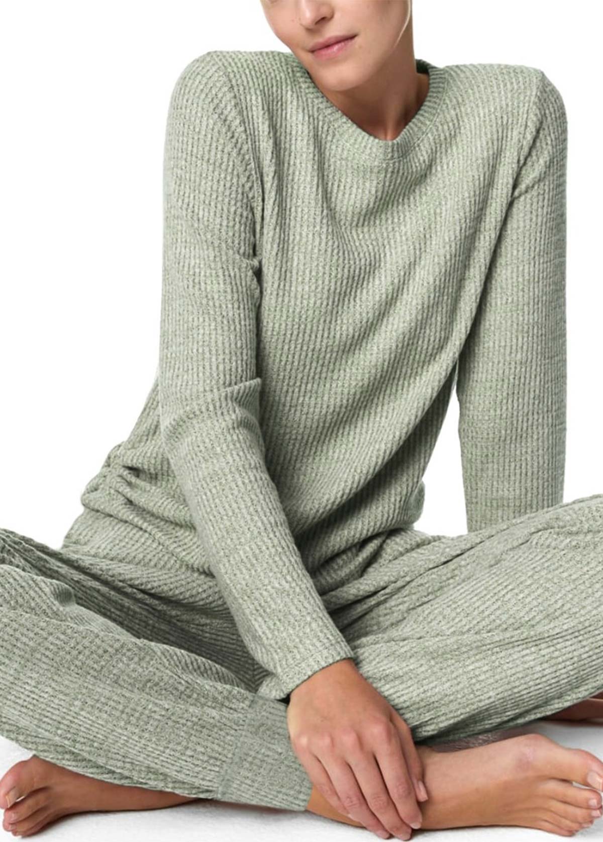 Light Green loungewear,Plain Color loungewear,Light Green Round Neck Lounge Top and Pants
