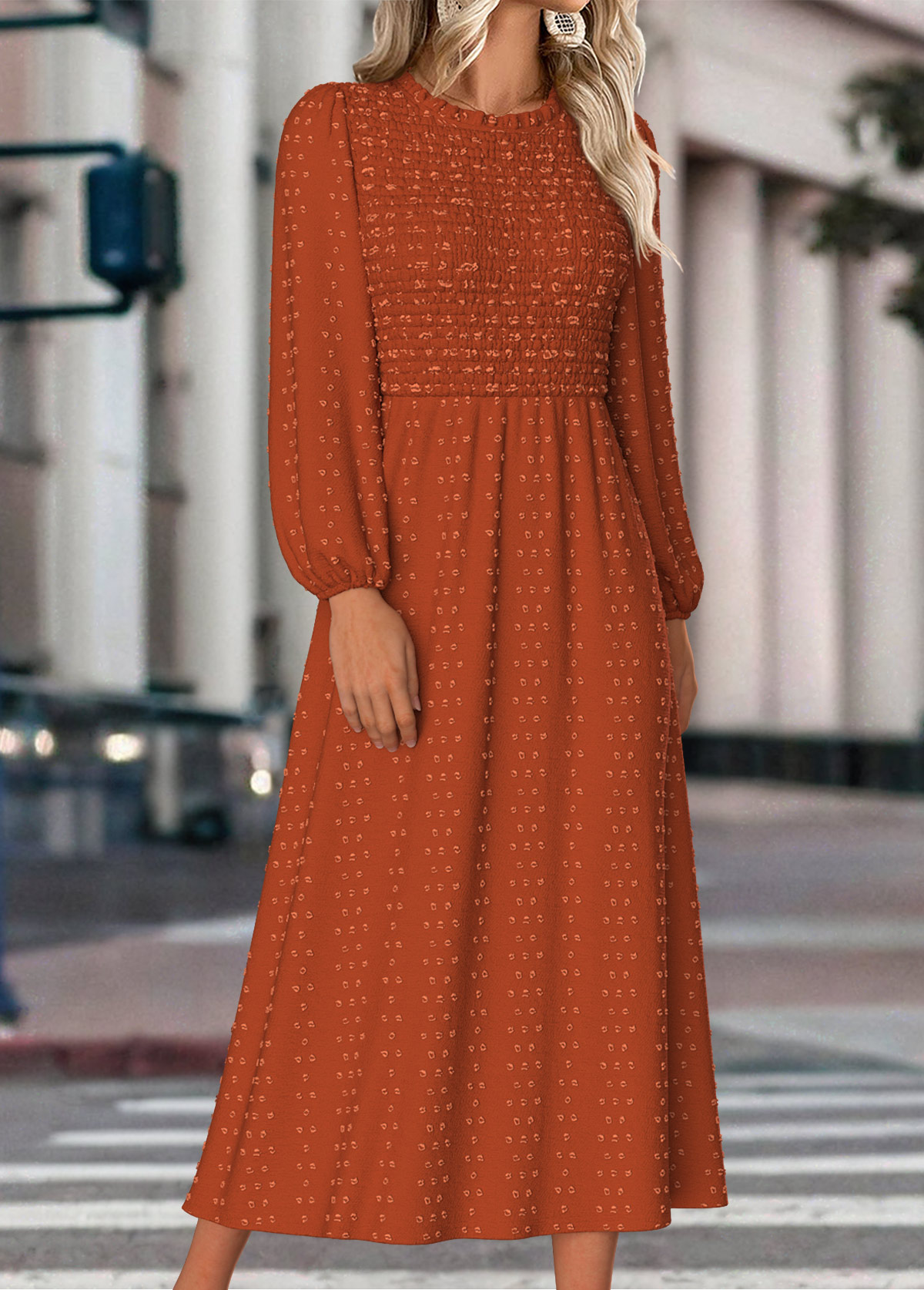 Terracotta dresses,Plain Color dresses,Everyday dresses,Casual dresses,ROTITA Tummy Coverage Terracotta Round Neck Long Sleeve Dress