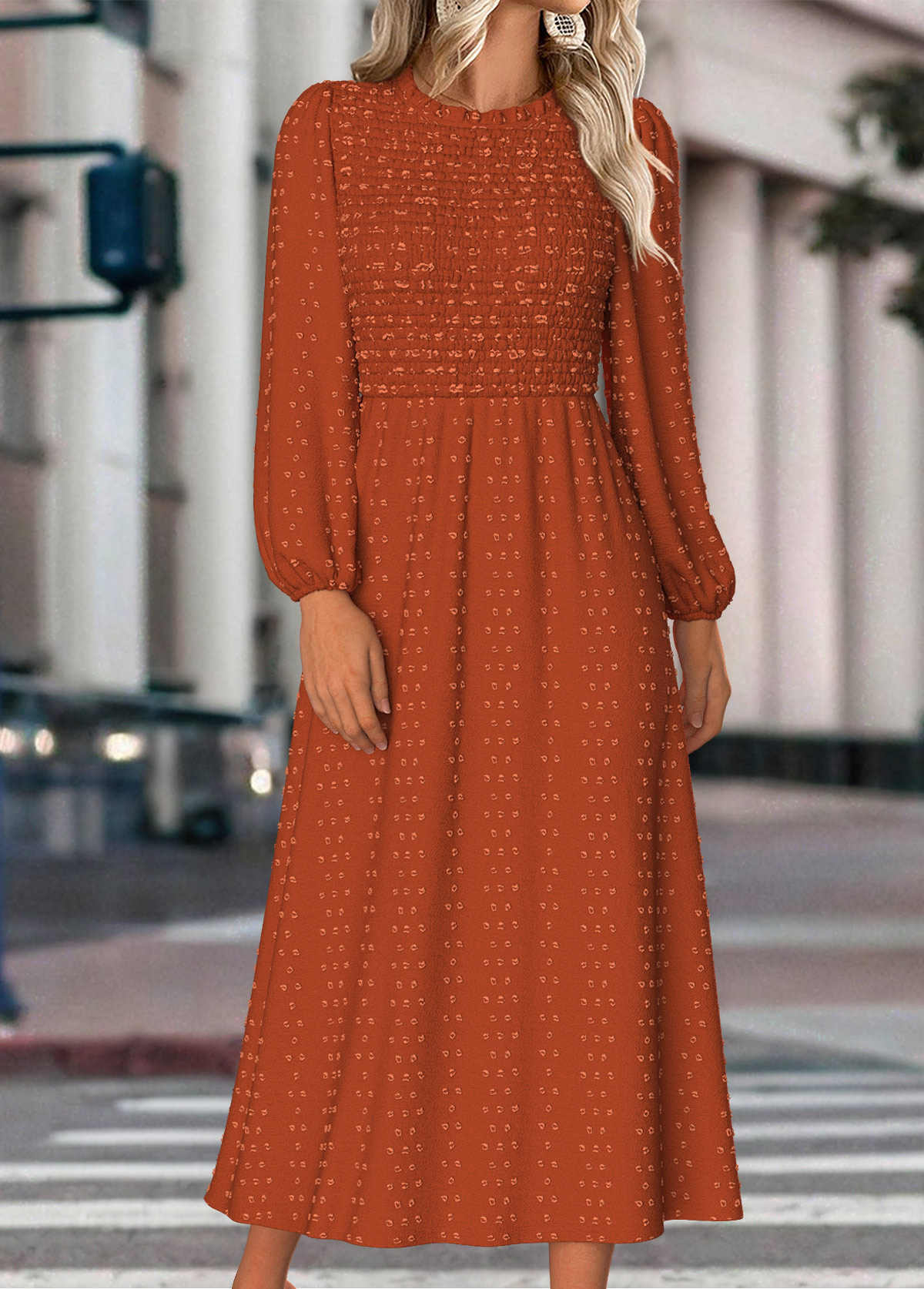 Terracotta dresses,Plain Color dresses,Everyday dresses,Casual dresses,ROTITA Tummy Coverage Terracotta Round Neck Long Sleeve Dress