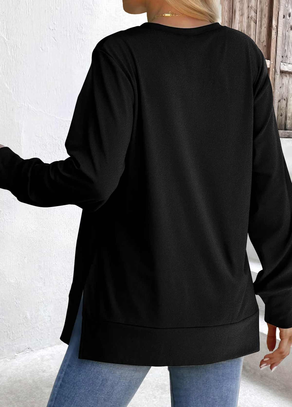 Black tops,Plain Color tops,ROTITA Tummy Coverage Black Round Neck Long Sleeve Sweatshirt