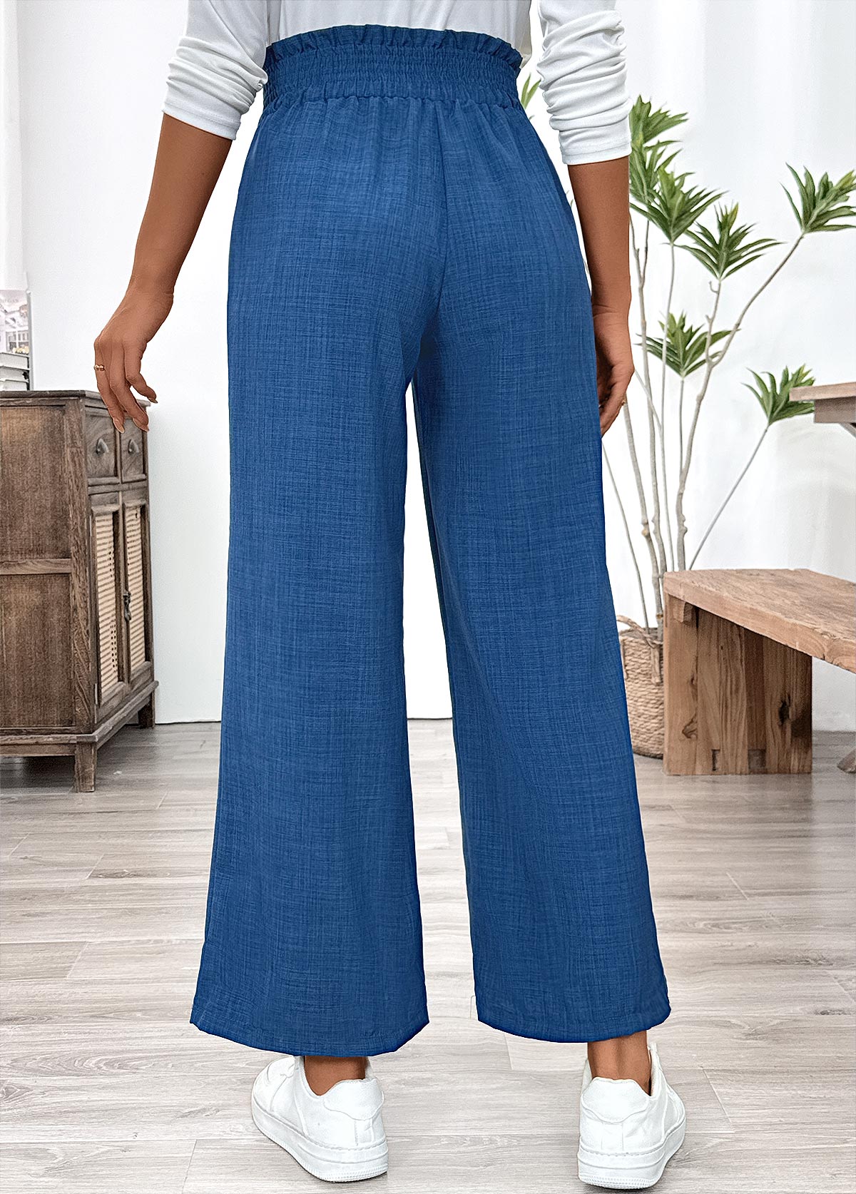 Blue bottoms,Plain Color bottoms,Blue Wide Leg Elastic Waist High Waisted Pants