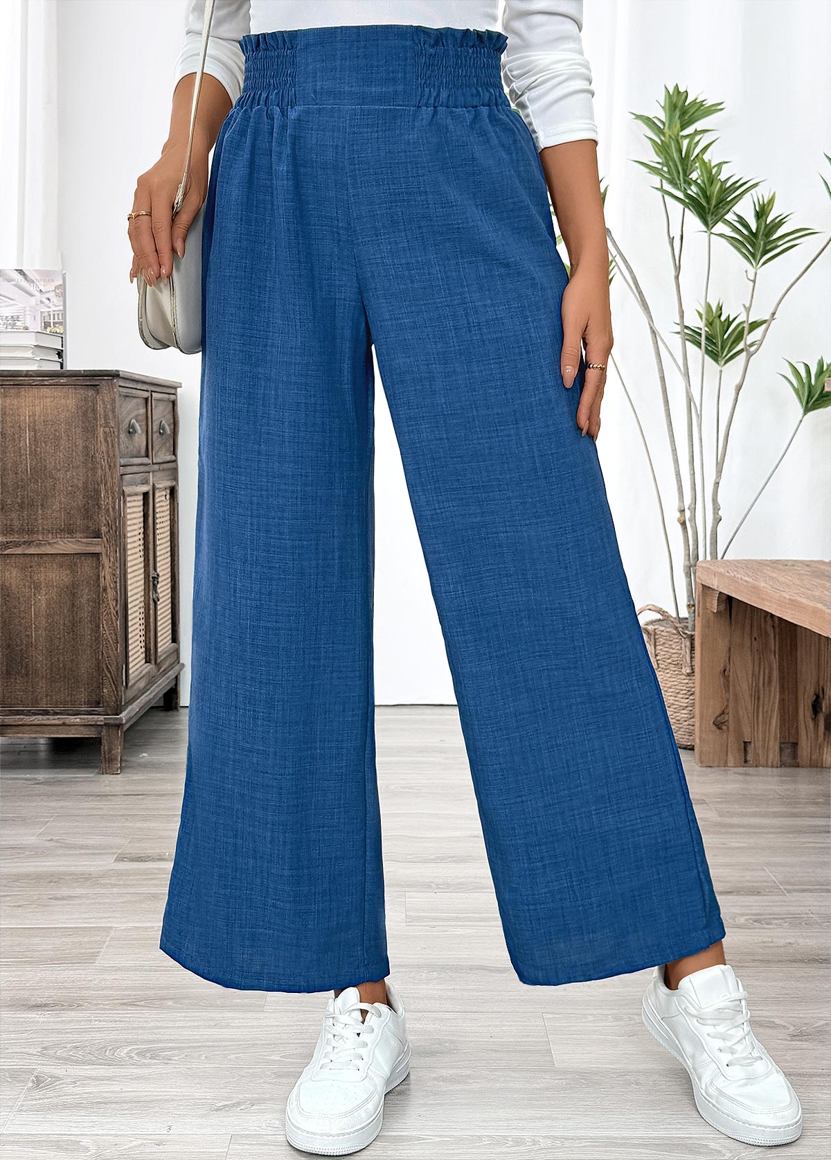 Blue bottoms,Plain Color bottoms,Blue Wide Leg Elastic Waist High Waisted Pants