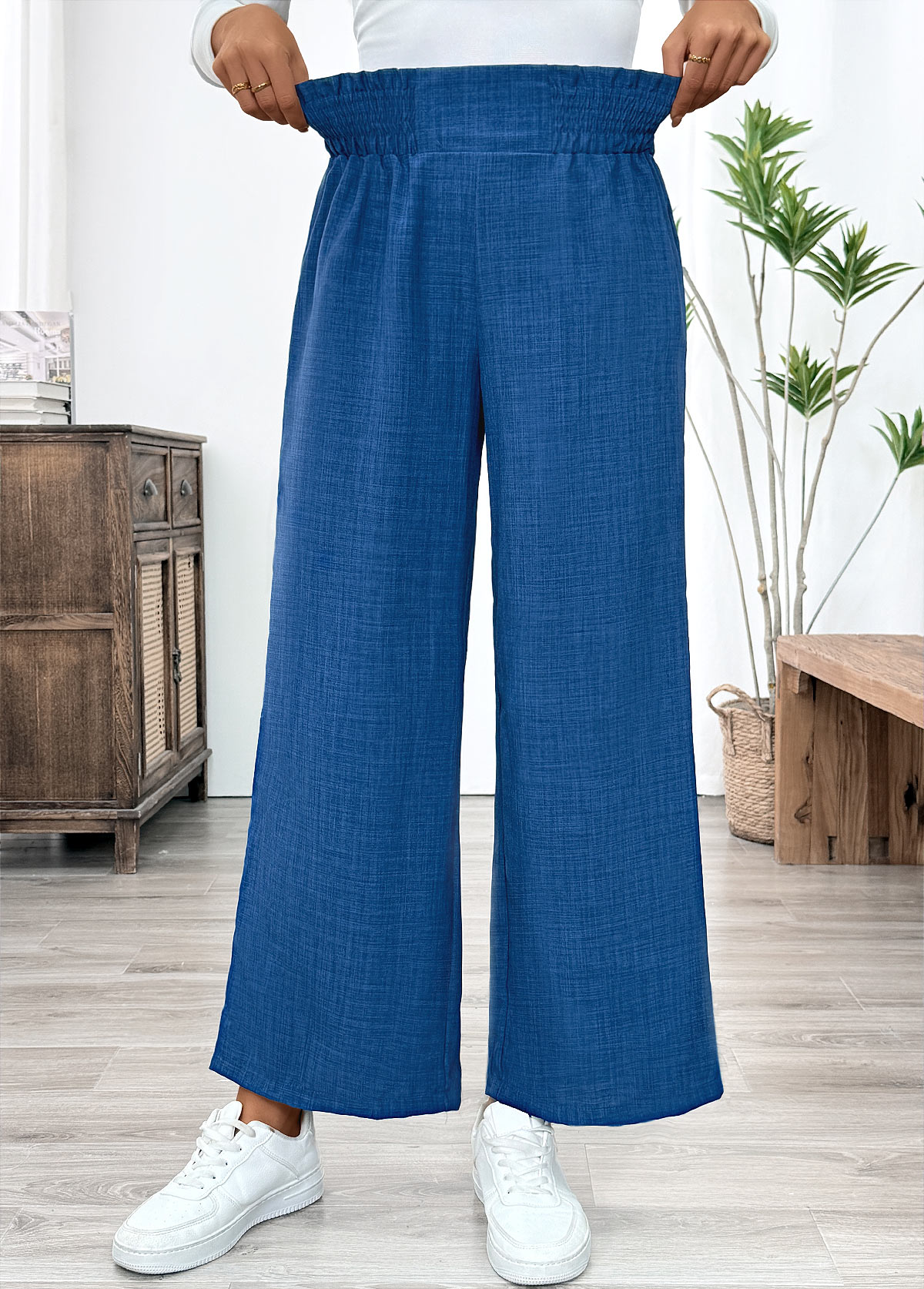 Blue bottoms,Plain Color bottoms,Blue Wide Leg Elastic Waist High Waisted Pants