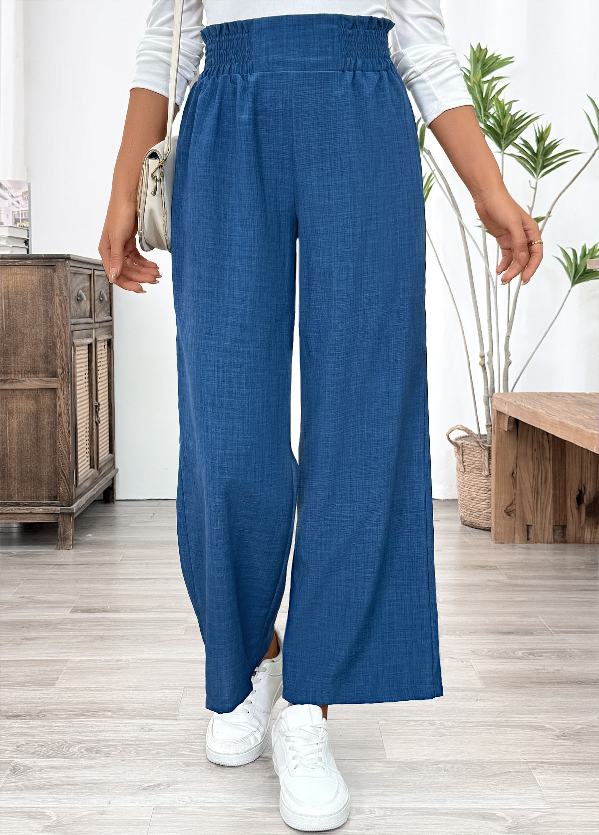 Blue bottoms,Plain Color bottoms,Blue Wide Leg Elastic Waist High Waisted Pants