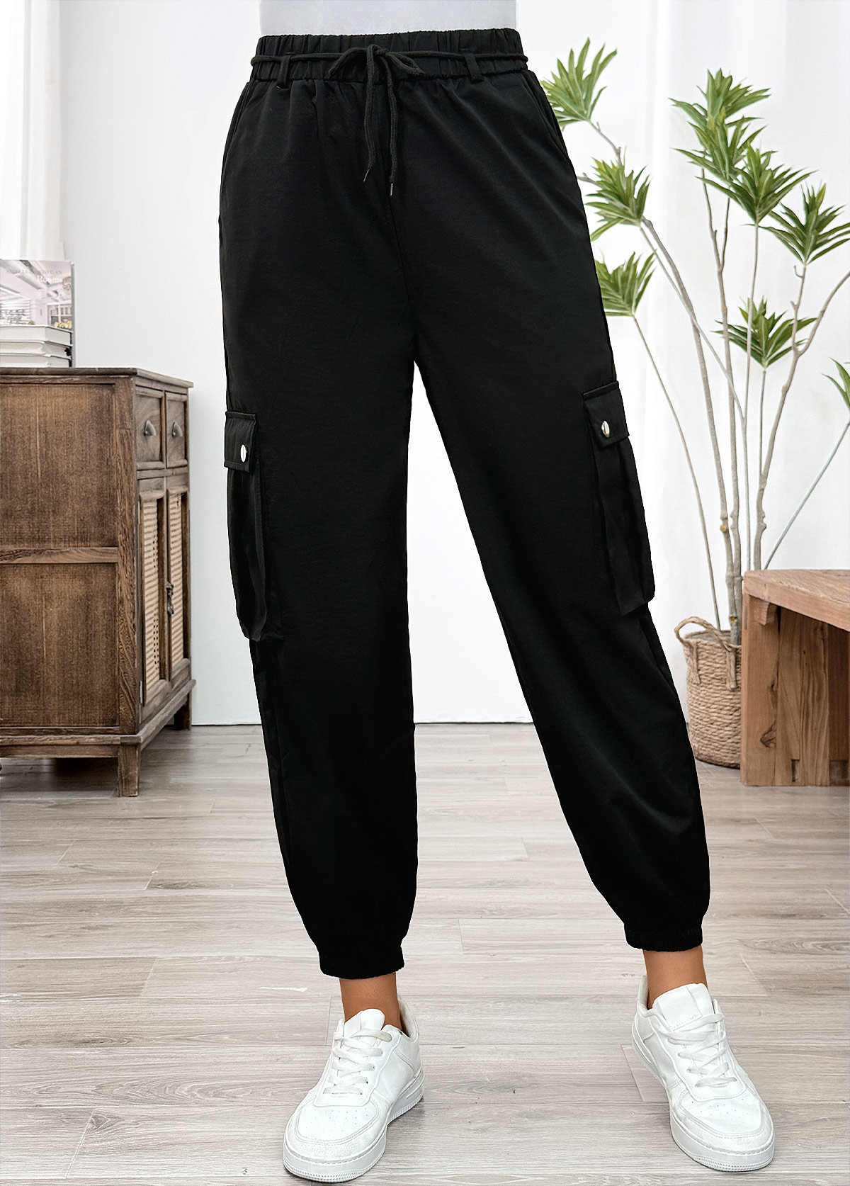 Black bottoms,Plain Color bottoms,Pocket Black Jogger Elastic Waist High Waisted Pants