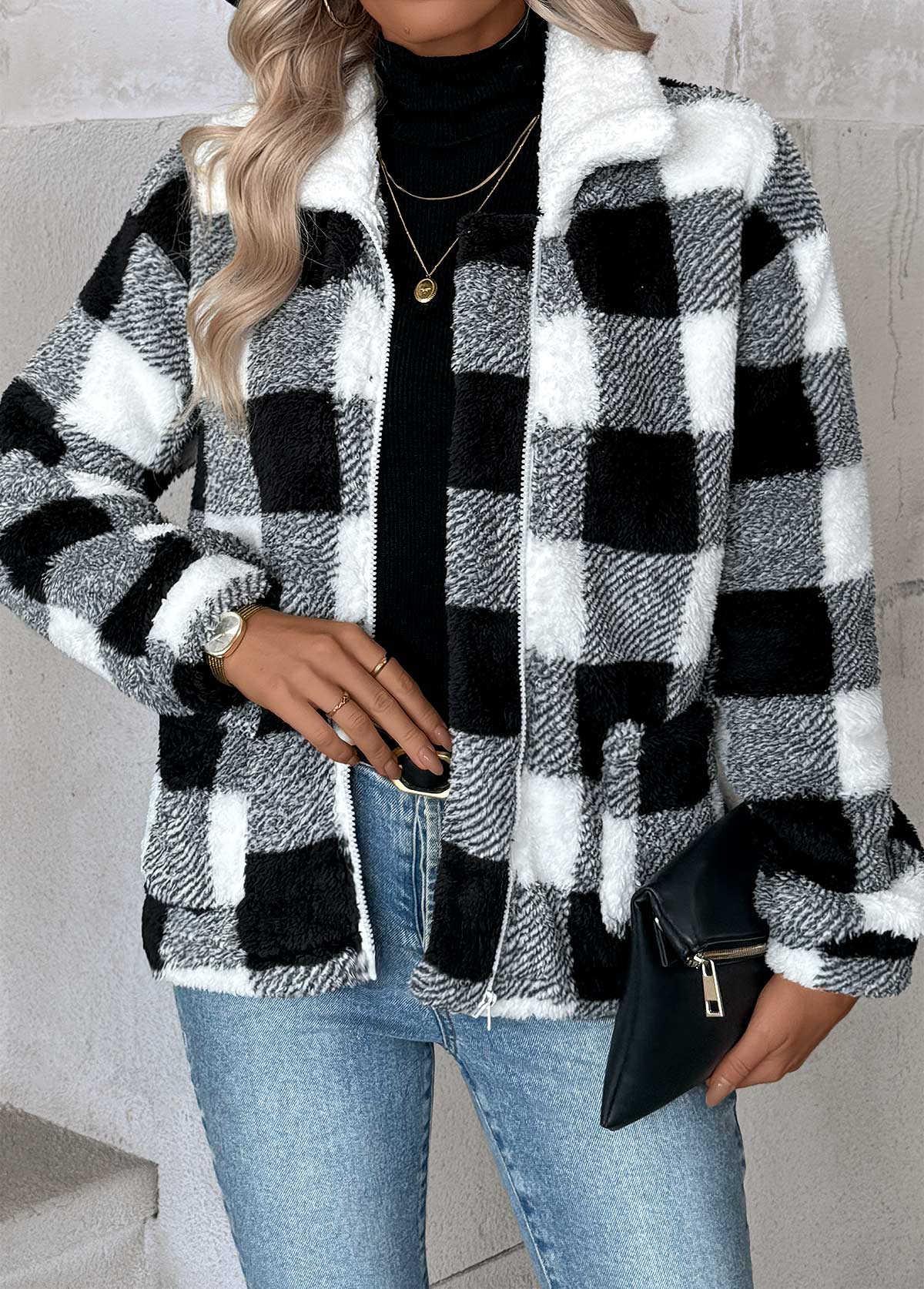 Black tops,Plaid tops,Geometric tops,Tummy Coverage Plaid Black Turn Down Collar Coat