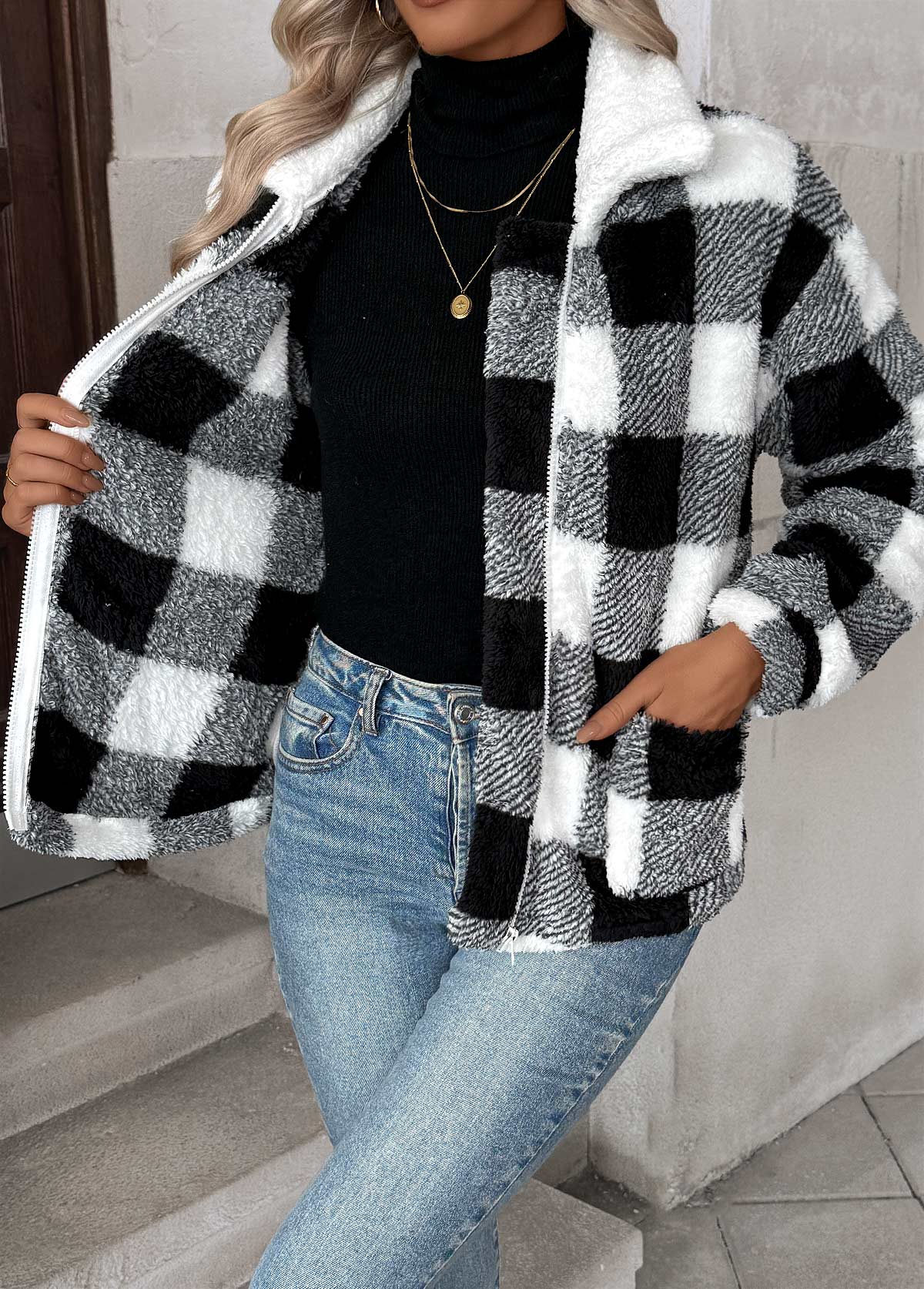 Black tops,Plaid tops,Geometric tops,Tummy Coverage Plaid Black Turn Down Collar Coat