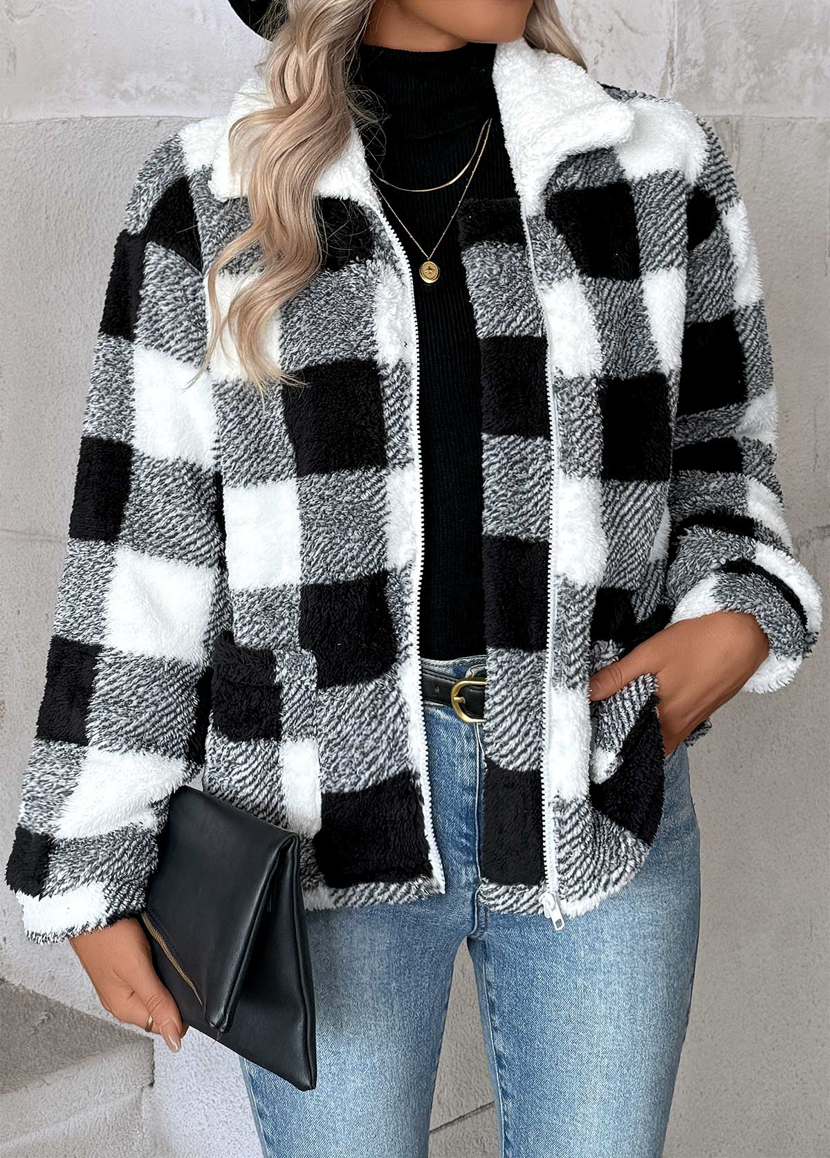 Black tops,Plaid tops,Geometric tops,Tummy Coverage Plaid Black Turn Down Collar Coat