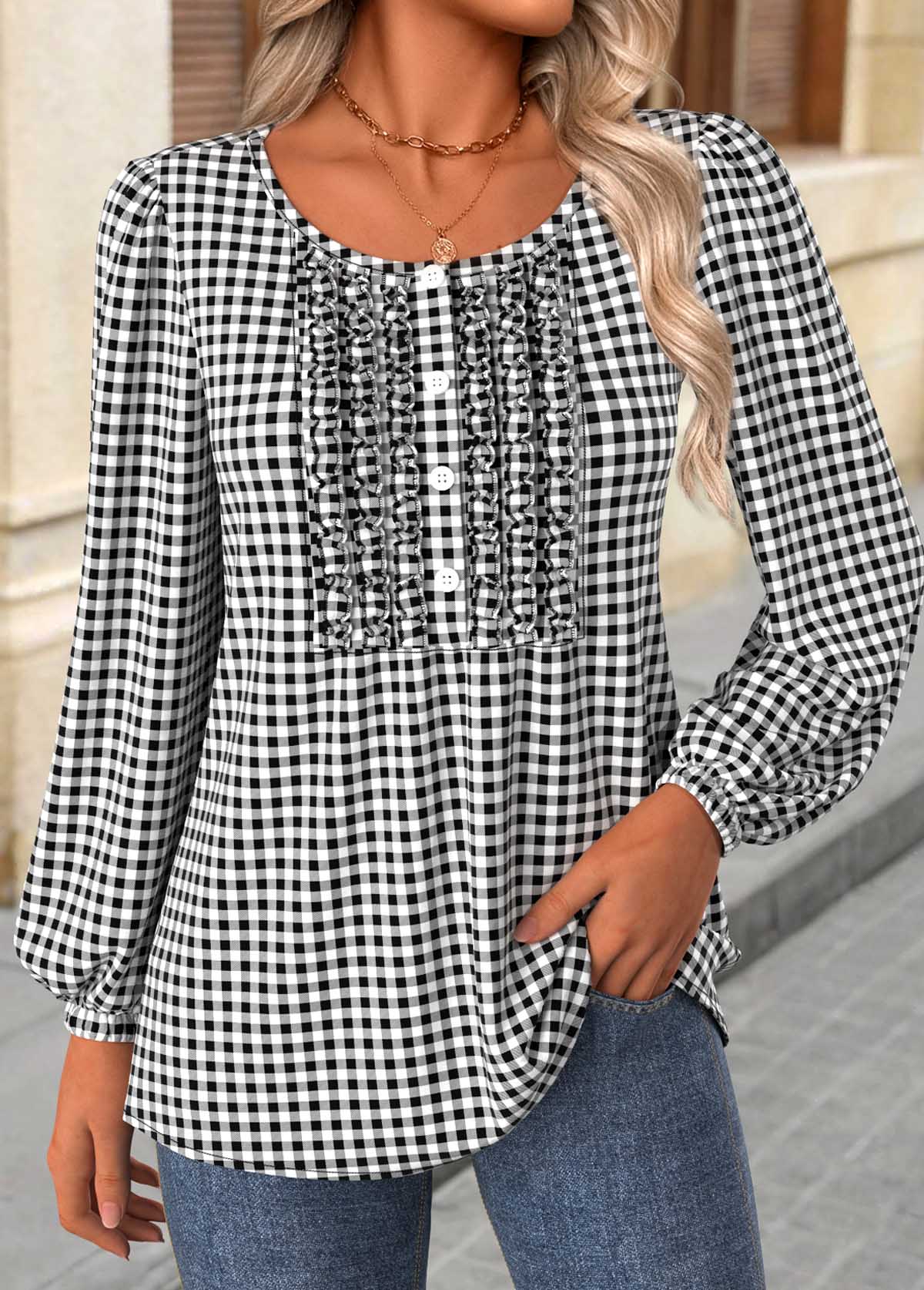 Black tops,Plaid tops,Geometric tops,ROTITA Frill Plaid Black Round Neck Long Sleeve Blouse