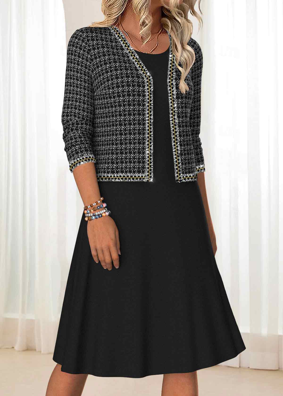 Black dresses,Plaid dresses,Geometric dresses,Everyday dresses,Casual dresses,ROTITA Tummy Coverage Plaid Black Round Neck Dress and Cardigan