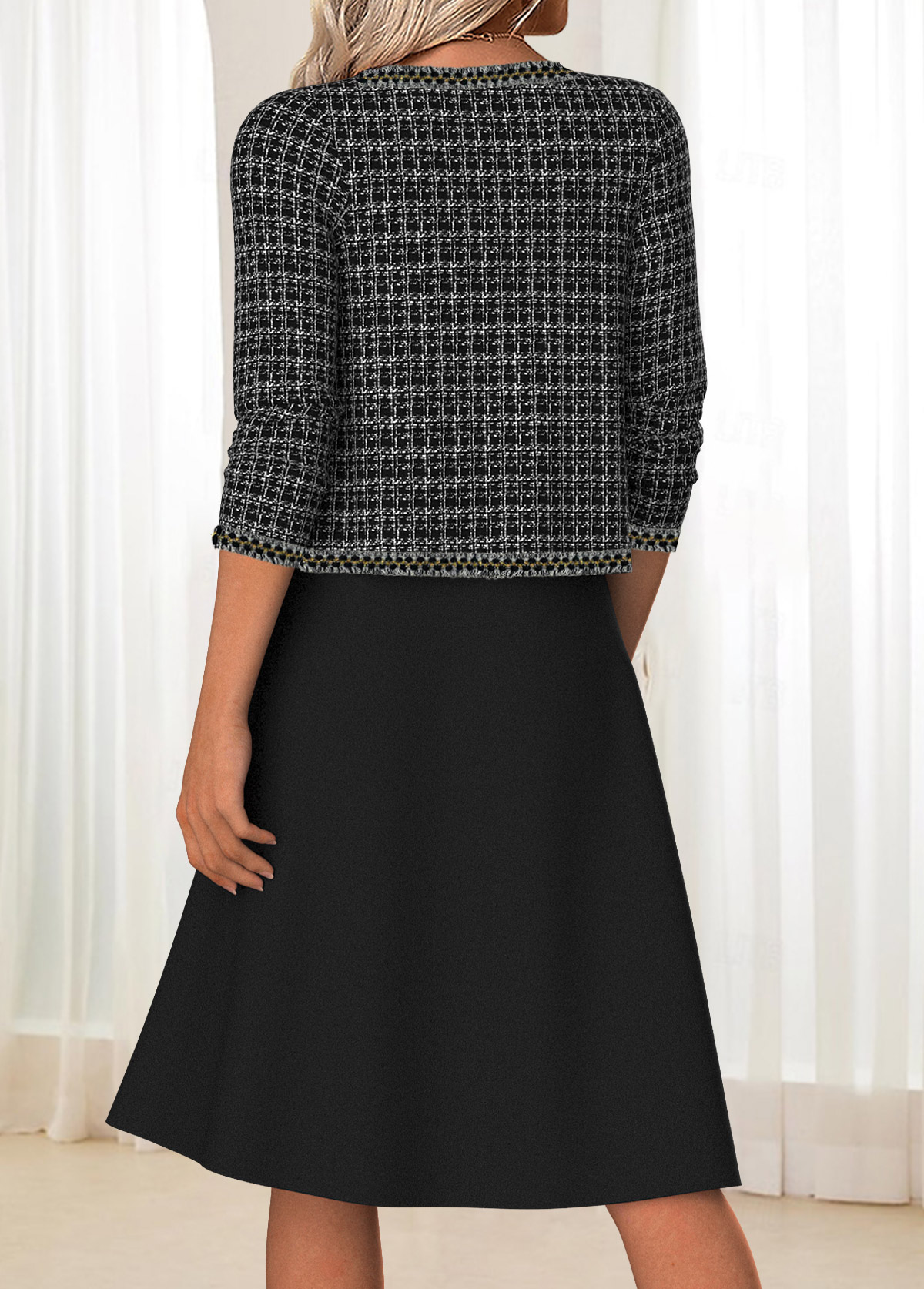 Black dresses,Plaid dresses,Geometric dresses,Everyday dresses,Casual dresses,ROTITA Tummy Coverage Plaid Black Round Neck Dress and Cardigan