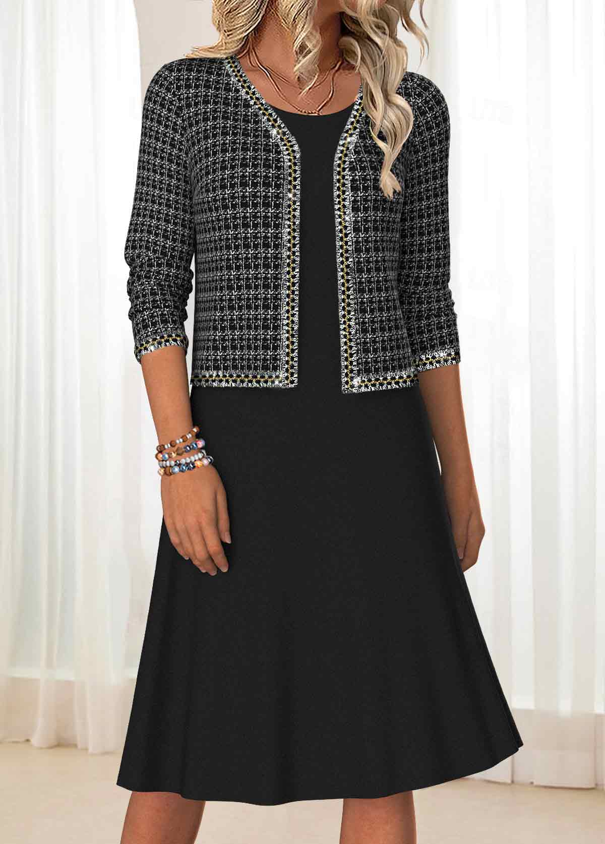 Black dresses,Plaid dresses,Geometric dresses,Everyday dresses,Casual dresses,ROTITA Tummy Coverage Plaid Black Round Neck Dress and Cardigan