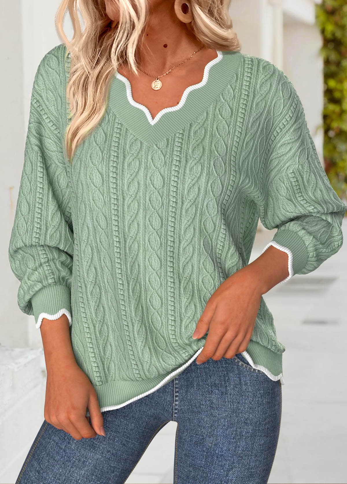 Sage Green tops,Contrast Color tops,ROTITA Scalloped Hem Sage Green V Neck Long Sleeve Sweatshirt