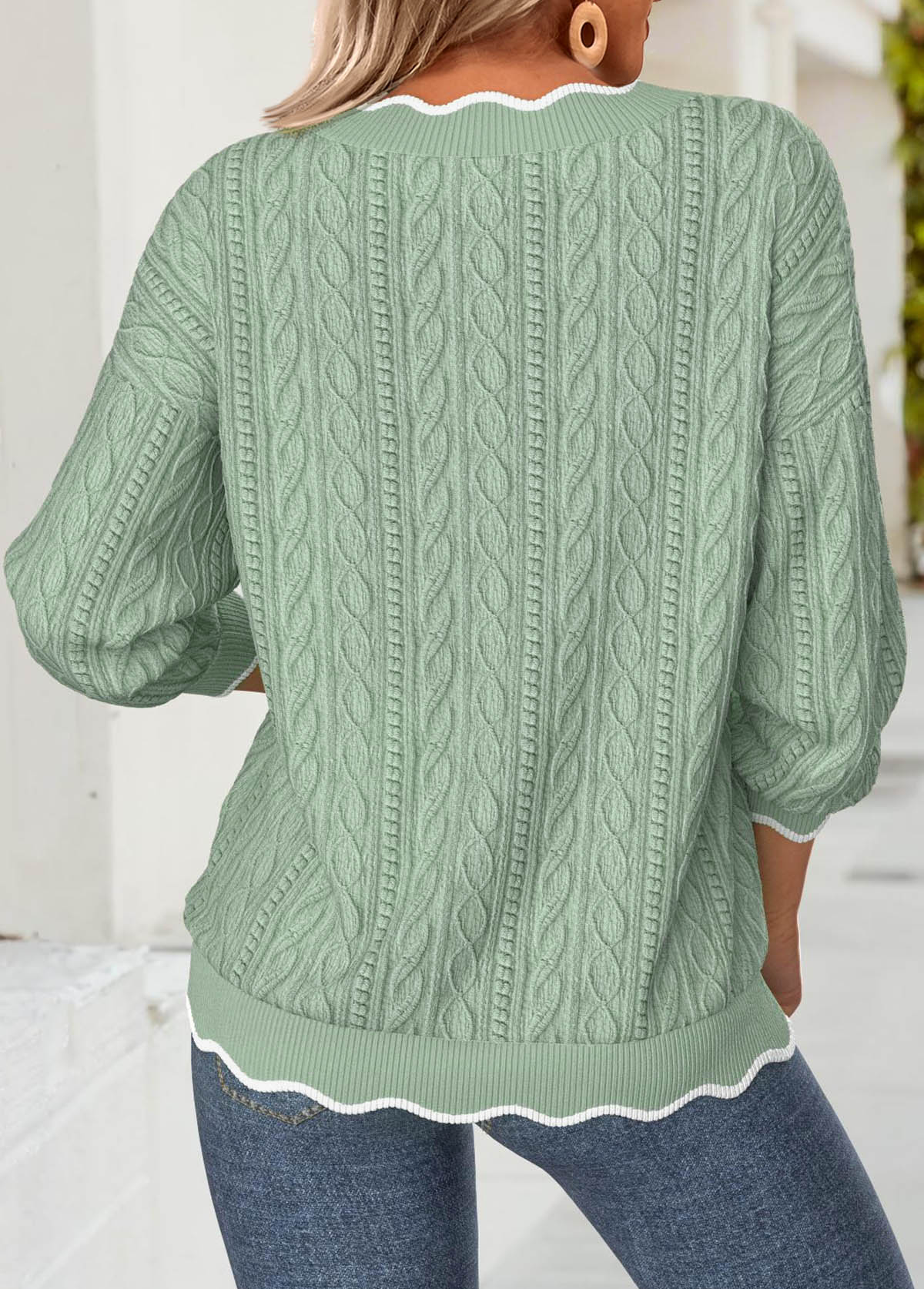 Sage Green tops,Contrast Color tops,ROTITA Scalloped Hem Sage Green V Neck Long Sleeve Sweatshirt