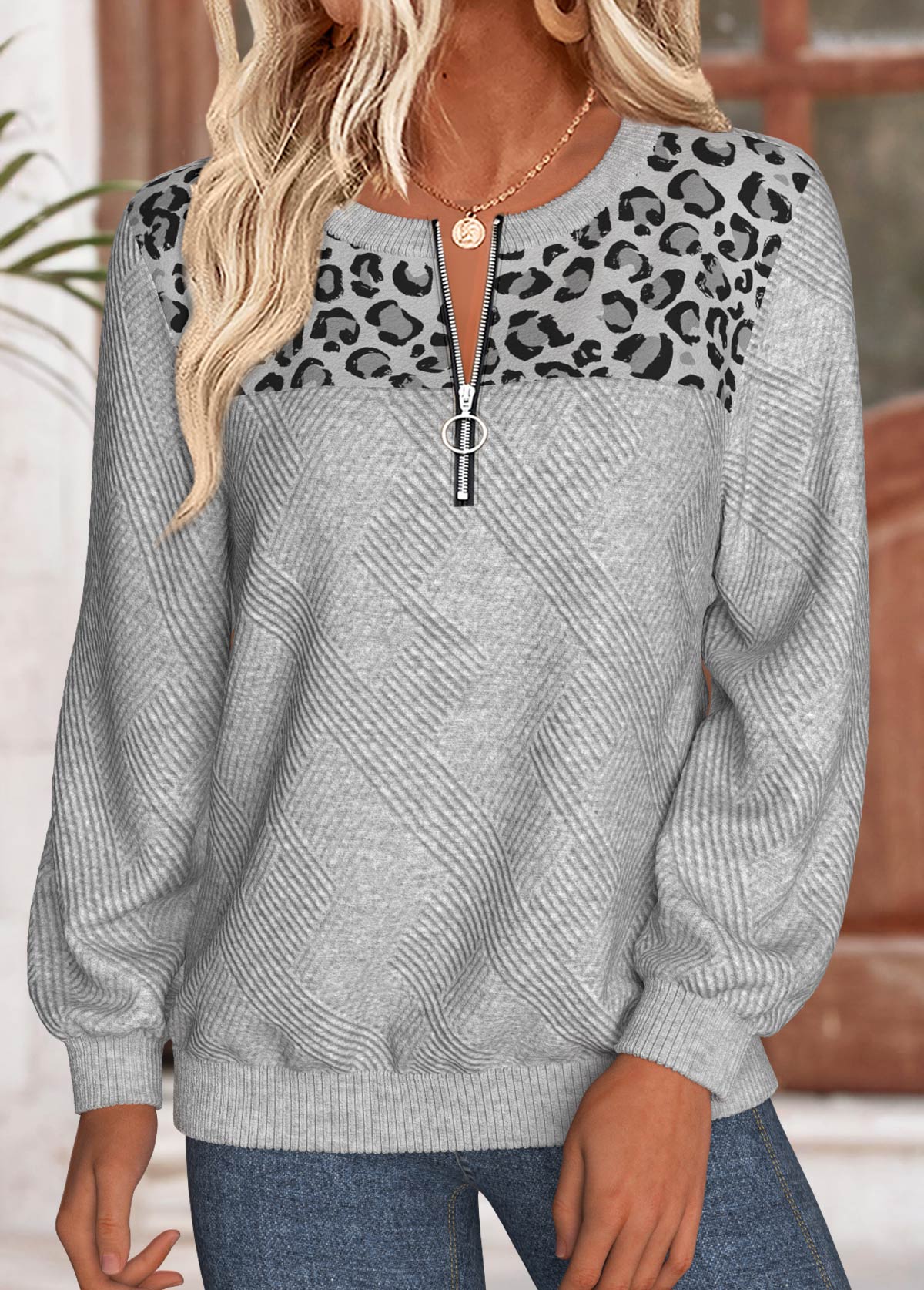 Light Grey Marl tops,Leopard tops,Animal Print tops,ROTITA Tummy Coverage Leopard Light Grey Marl Round Neck Sweatshirt