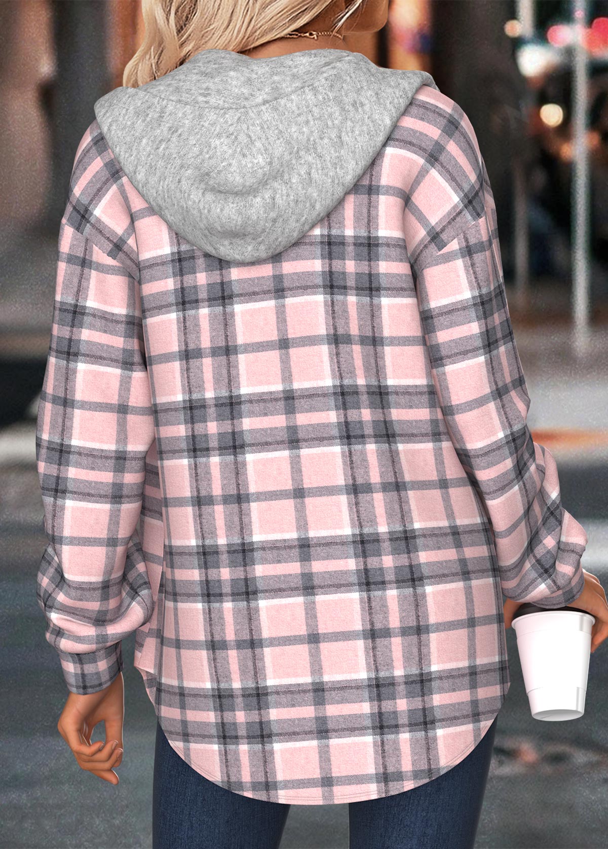 Light Pink tops,Plaid tops,Geometric tops,ROTITA Tummy Coverage Plaid Light Pink Long Sleeve Hoodie