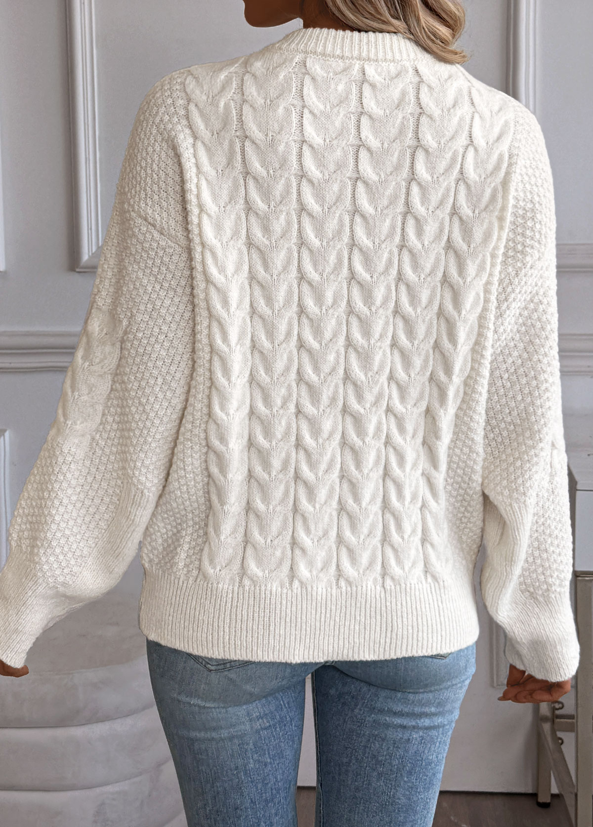 Beige tops,Plain Color tops,Beige Round Neck Long Sleeve Sweater