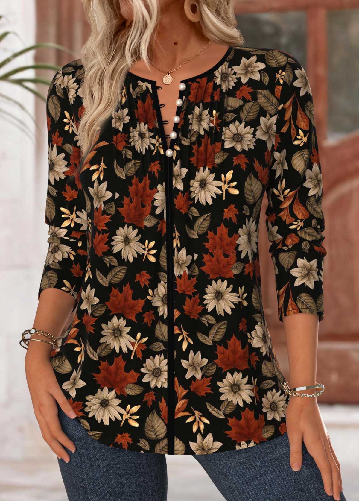 Black tops,Floral tops,Plants tops,ROTITA Tummy Coverage Floral Print Black Split Neck Blouse