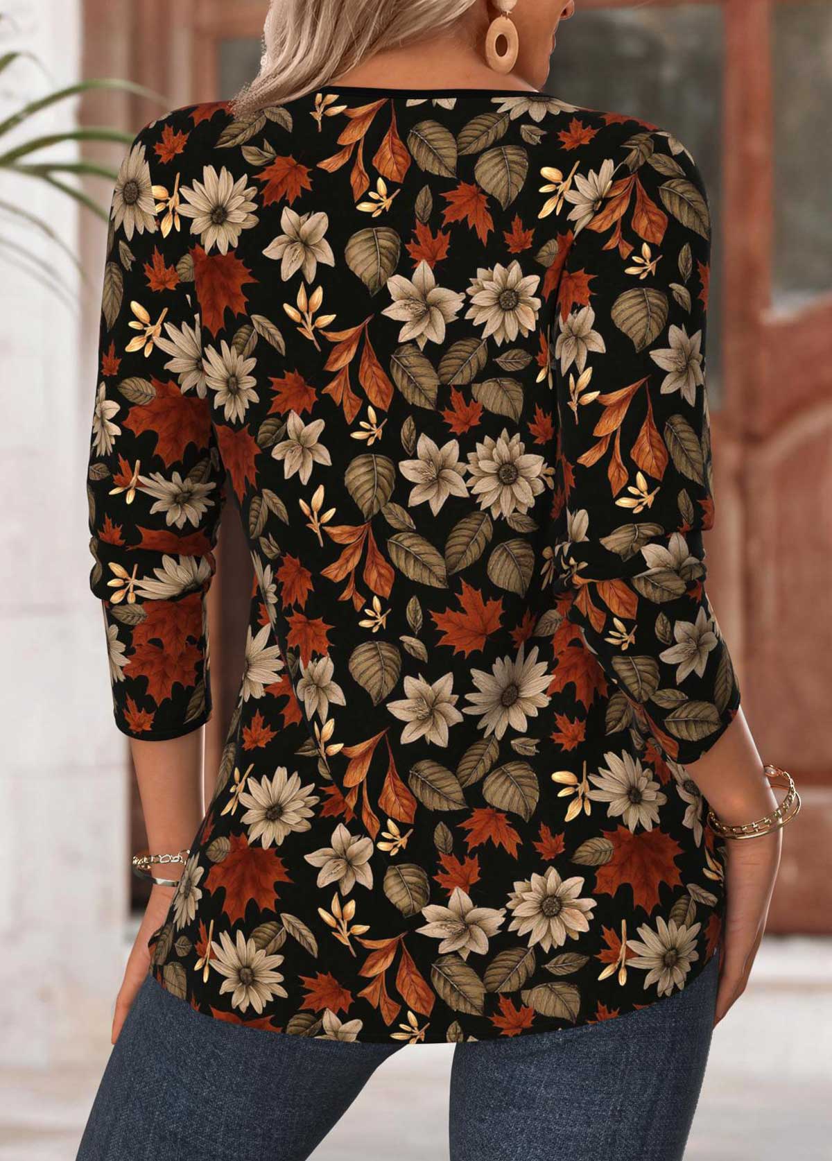 Black tops,Floral tops,Plants tops,ROTITA Tummy Coverage Floral Print Black Split Neck Blouse