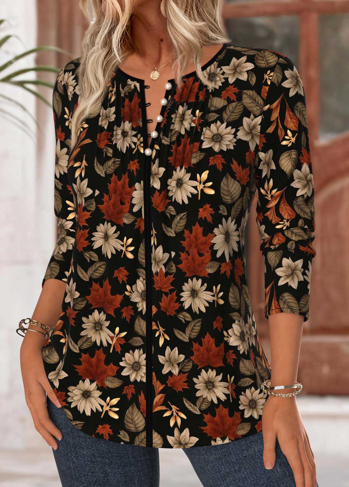 Black tops,Floral tops,Plants tops,ROTITA Tummy Coverage Floral Print Black Split Neck Blouse