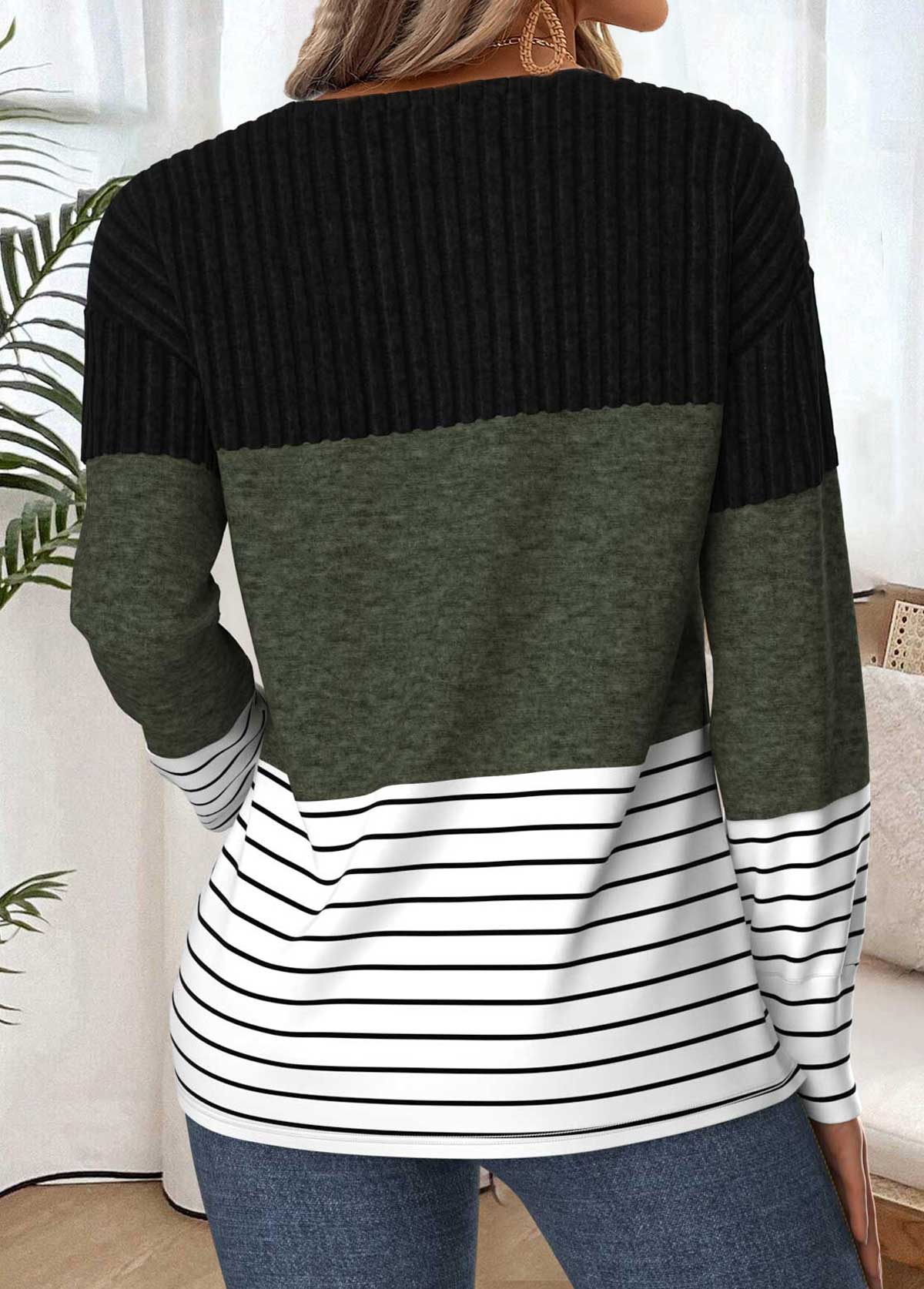 Olive Green tops,Striped tops,Geometric tops,Contrast Color tops,ROTITA Tummy Coverage Striped Olive Green V Neck T Shirt