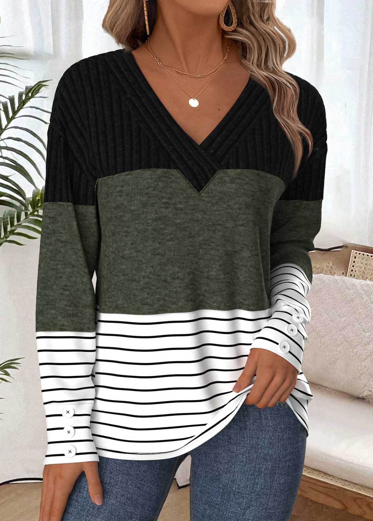 Olive Green tops,Striped tops,Geometric tops,Contrast Color tops,ROTITA Tummy Coverage Striped Olive Green V Neck T Shirt