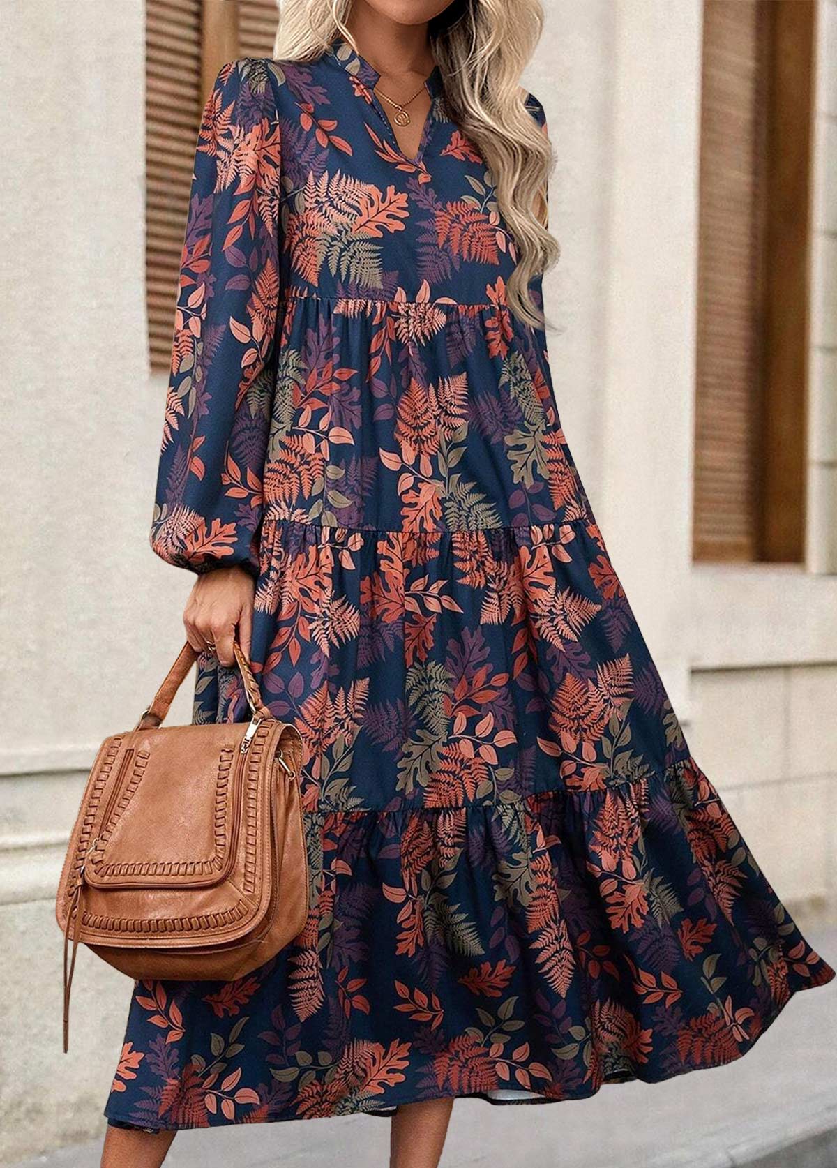Multi Color dresses,Floral dresses,Plants dresses,Everyday dresses,Casual dresses,ROTITA Tummy Coverage Floral Print Multi Color Split Neck Dress