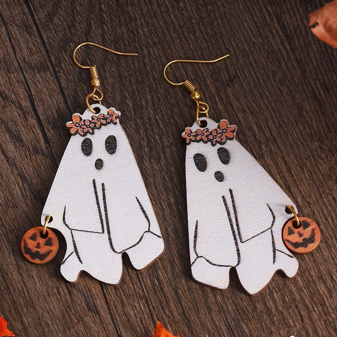 White jewelry,Plants jewelry,White Ghost Pumpkin Design Wood Earrings