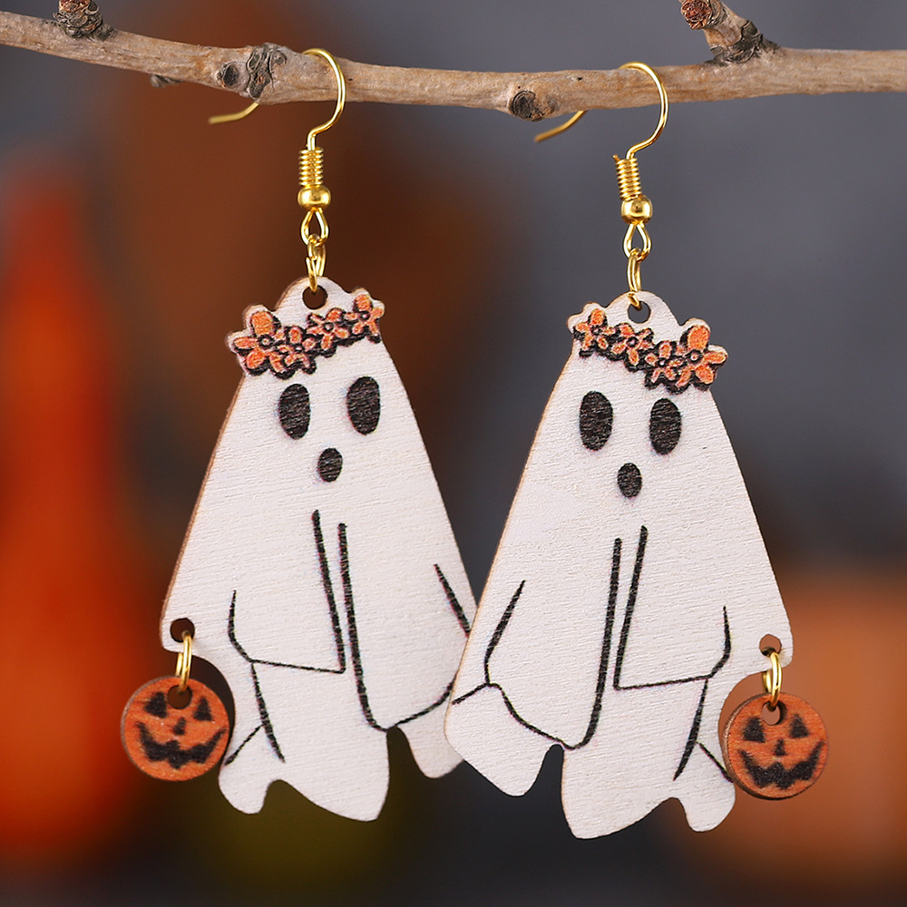 White jewelry,Plants jewelry,White Ghost Pumpkin Design Wood Earrings