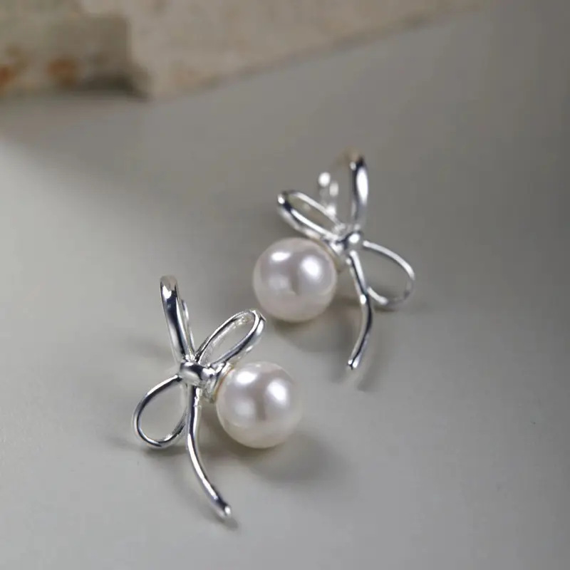 Silver jewelry,Silver Color Bow Alloy Detail Earrings