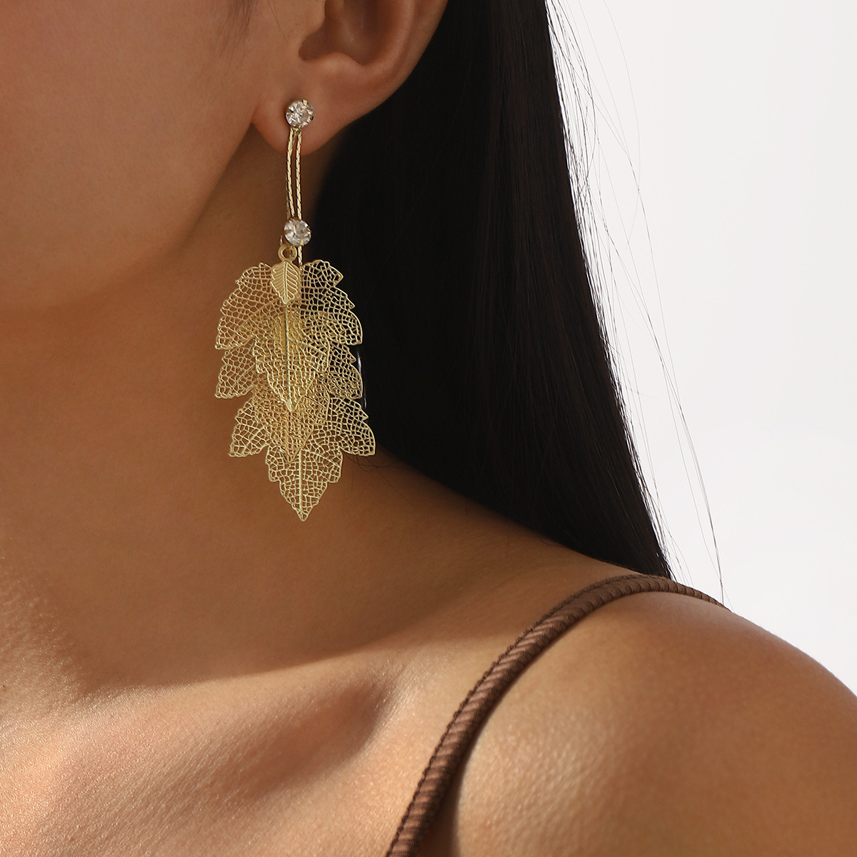 Golden jewelry,Leaf Layered Hollow Golden Iron Earrings