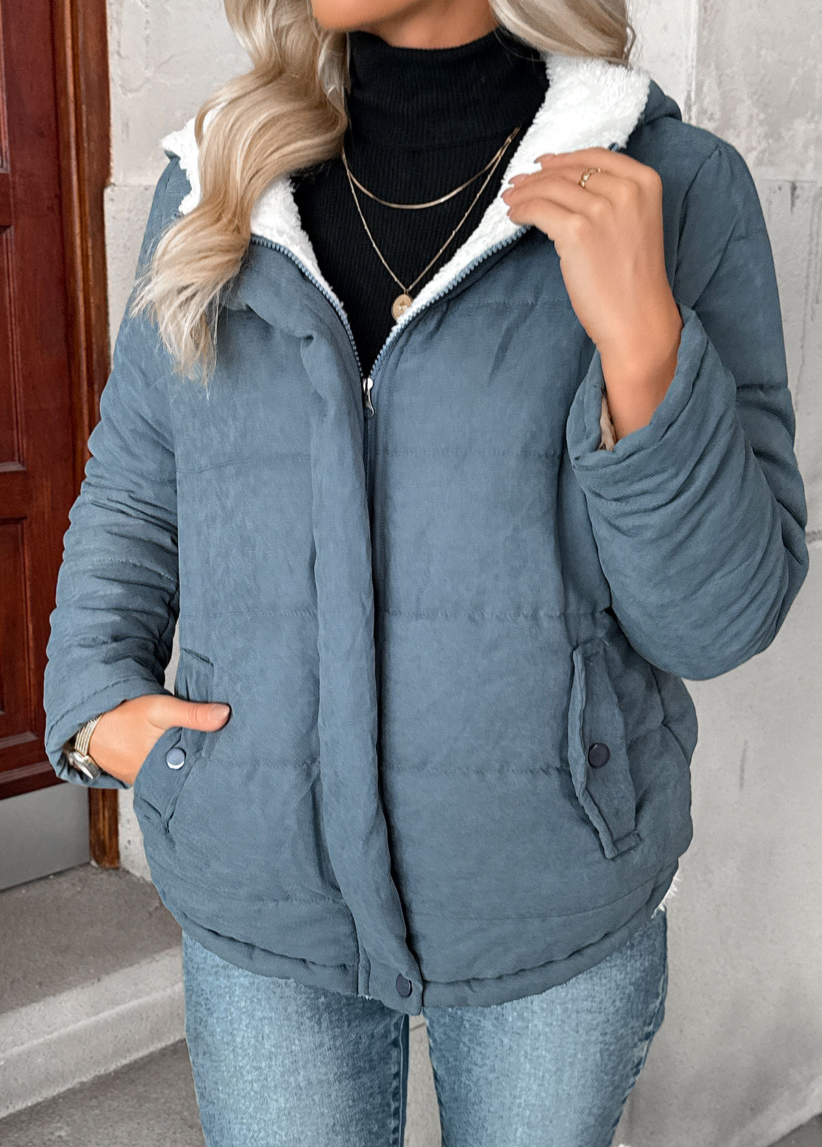 Denim Blue tops,Plain Color tops,Tummy Coverage Denim Blue Hooded Long Sleeve Coat