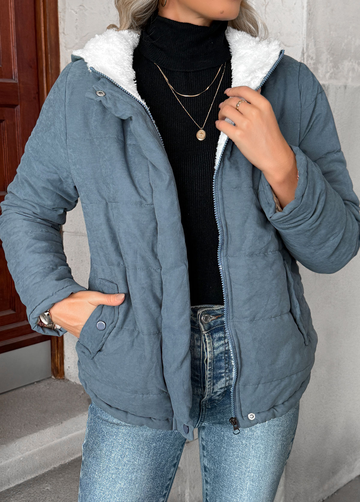 Denim Blue tops,Plain Color tops,Tummy Coverage Denim Blue Hooded Long Sleeve Coat