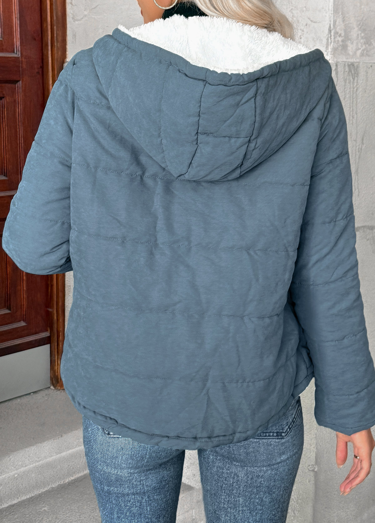 Denim Blue tops,Plain Color tops,Tummy Coverage Denim Blue Hooded Long Sleeve Coat