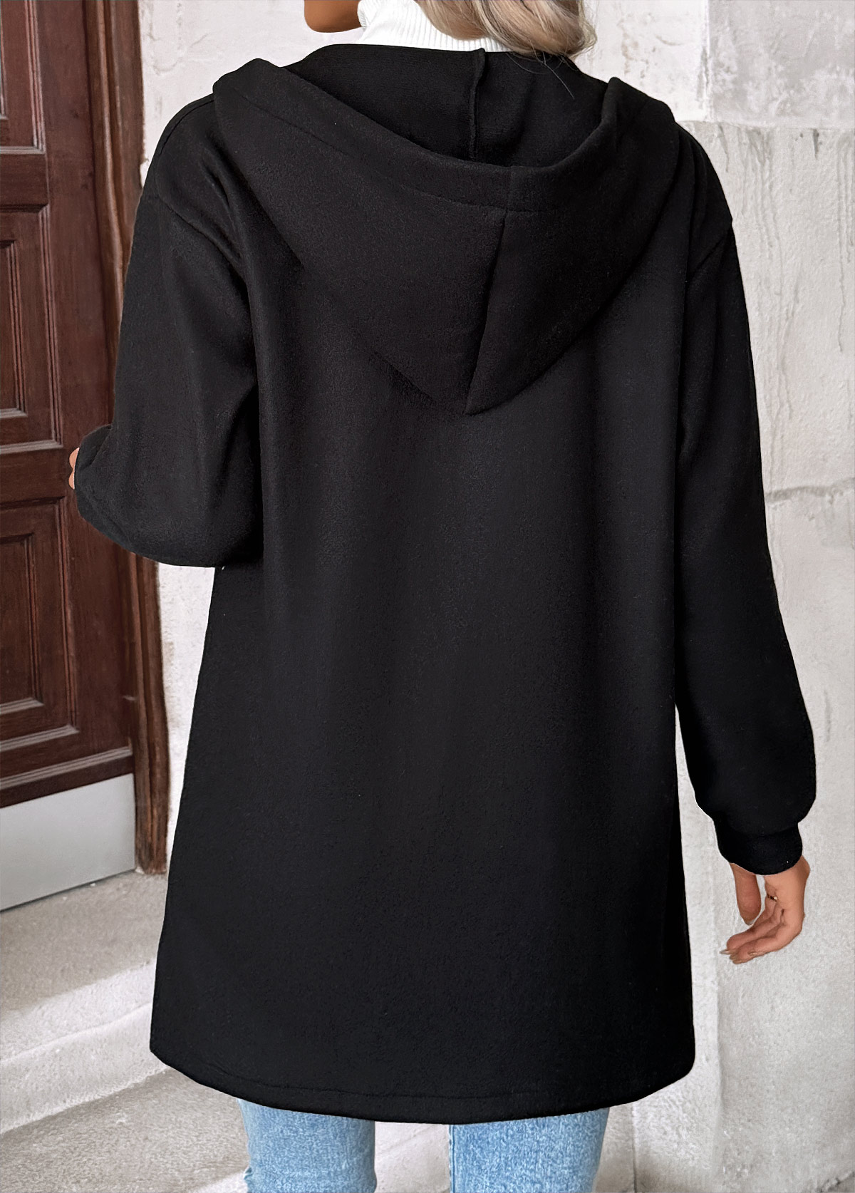 Black tops,Plain Color tops,Tummy Coverage Black Hooded Long Sleeve Coat