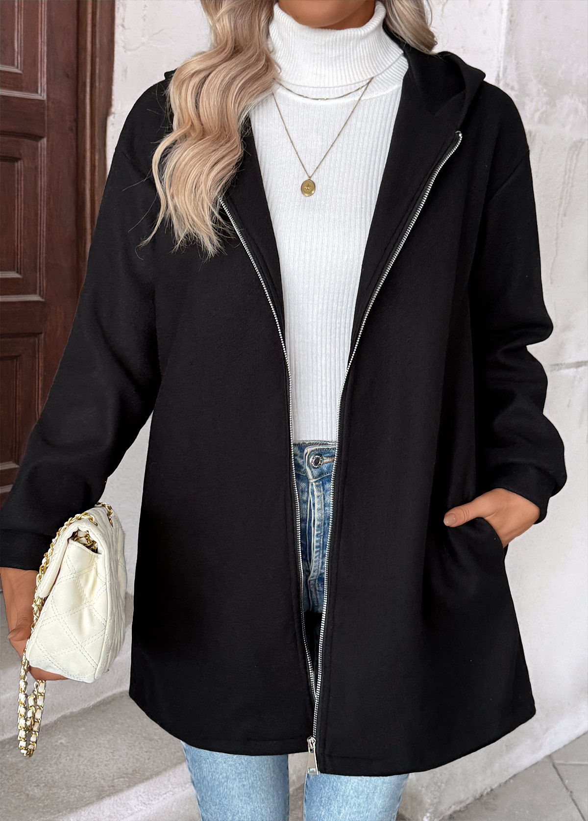 Black tops,Plain Color tops,Tummy Coverage Black Hooded Long Sleeve Coat