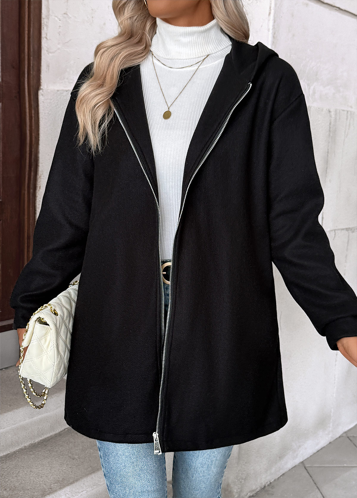 Black tops,Plain Color tops,Tummy Coverage Black Hooded Long Sleeve Coat