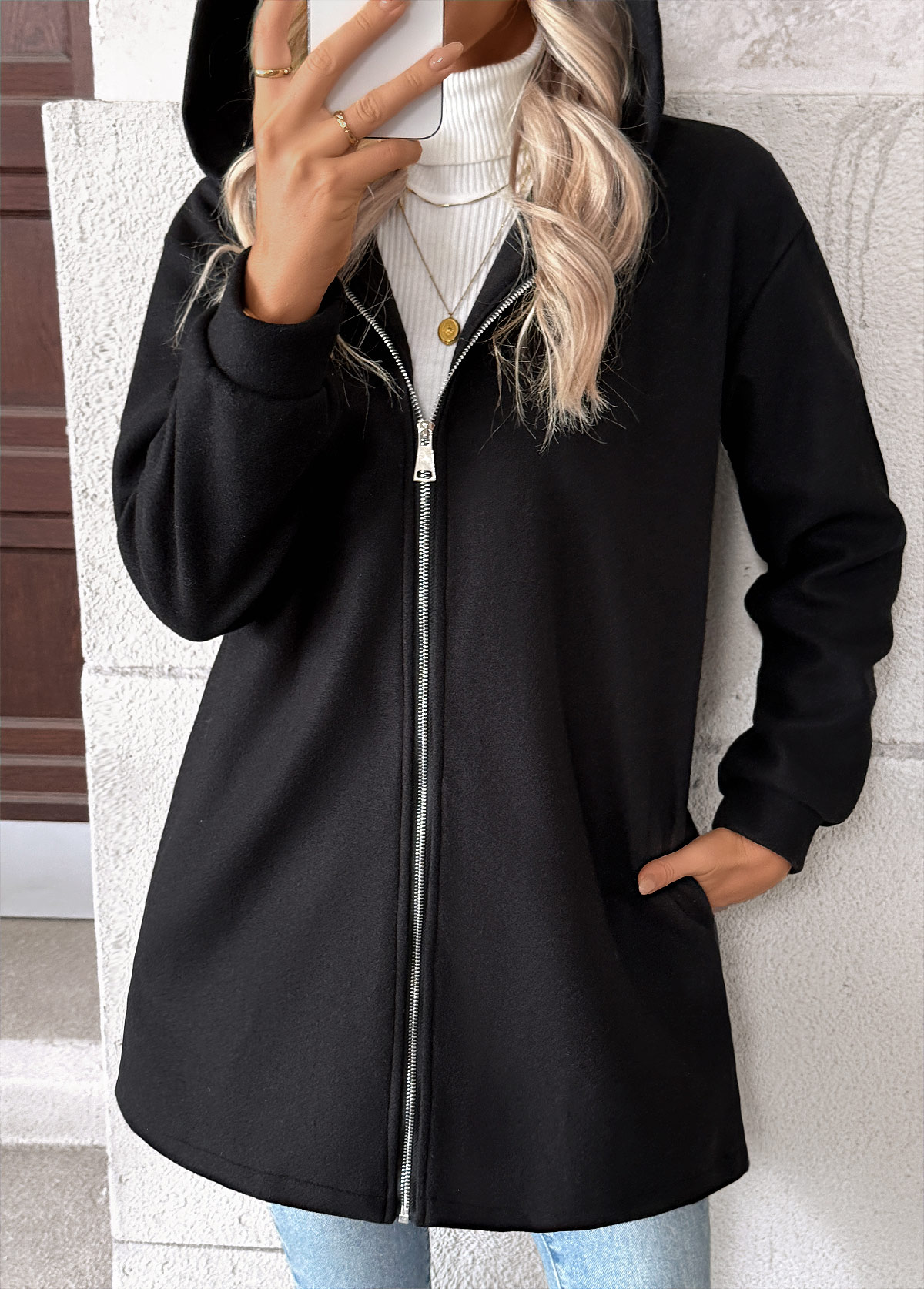 Black tops,Plain Color tops,Tummy Coverage Black Hooded Long Sleeve Coat