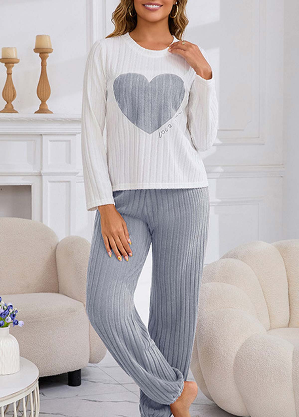 White loungewear,Heart loungewear,Heart Print White Round Neck Lounge Top and Pants