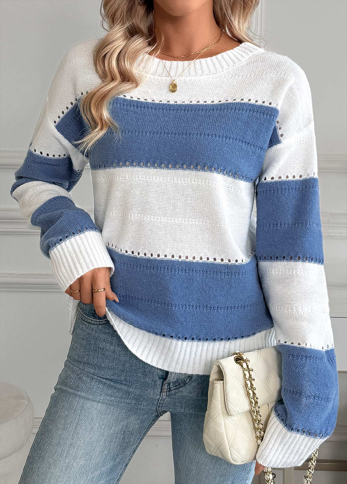 Blue tops,Striped tops,Geometric tops,Tummy Coverage Striped Blue Round Neck Long Sleeve Sweater