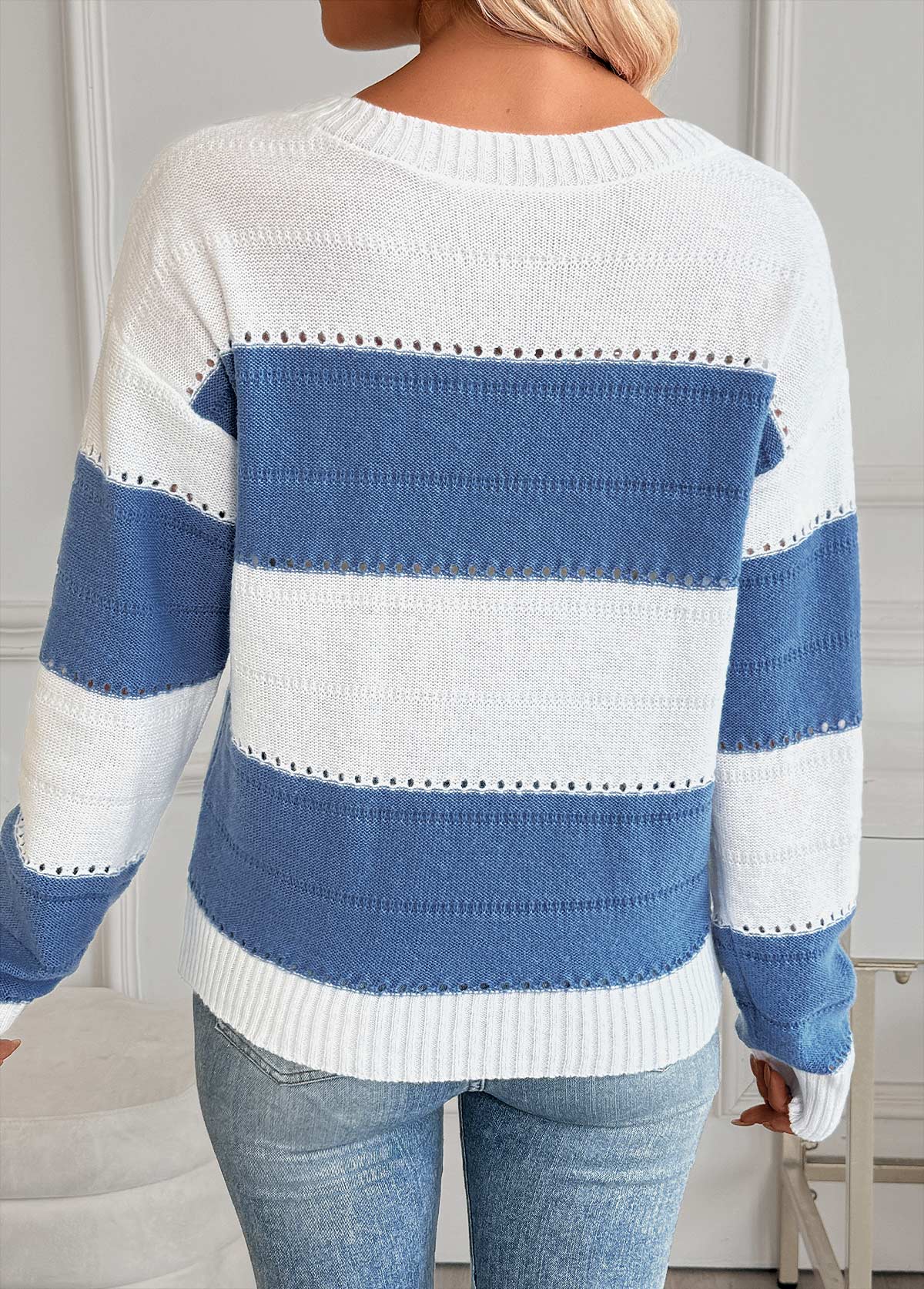 Blue tops,Striped tops,Geometric tops,Tummy Coverage Striped Blue Round Neck Long Sleeve Sweater