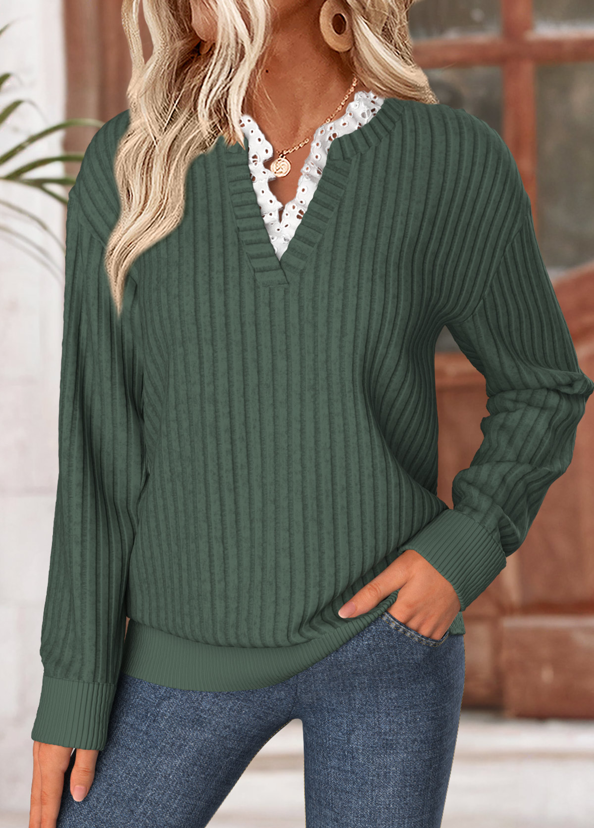 Green tops,Plain Color tops,ROTITA Frill Green Split Neck Long Sleeve Sweatshirt