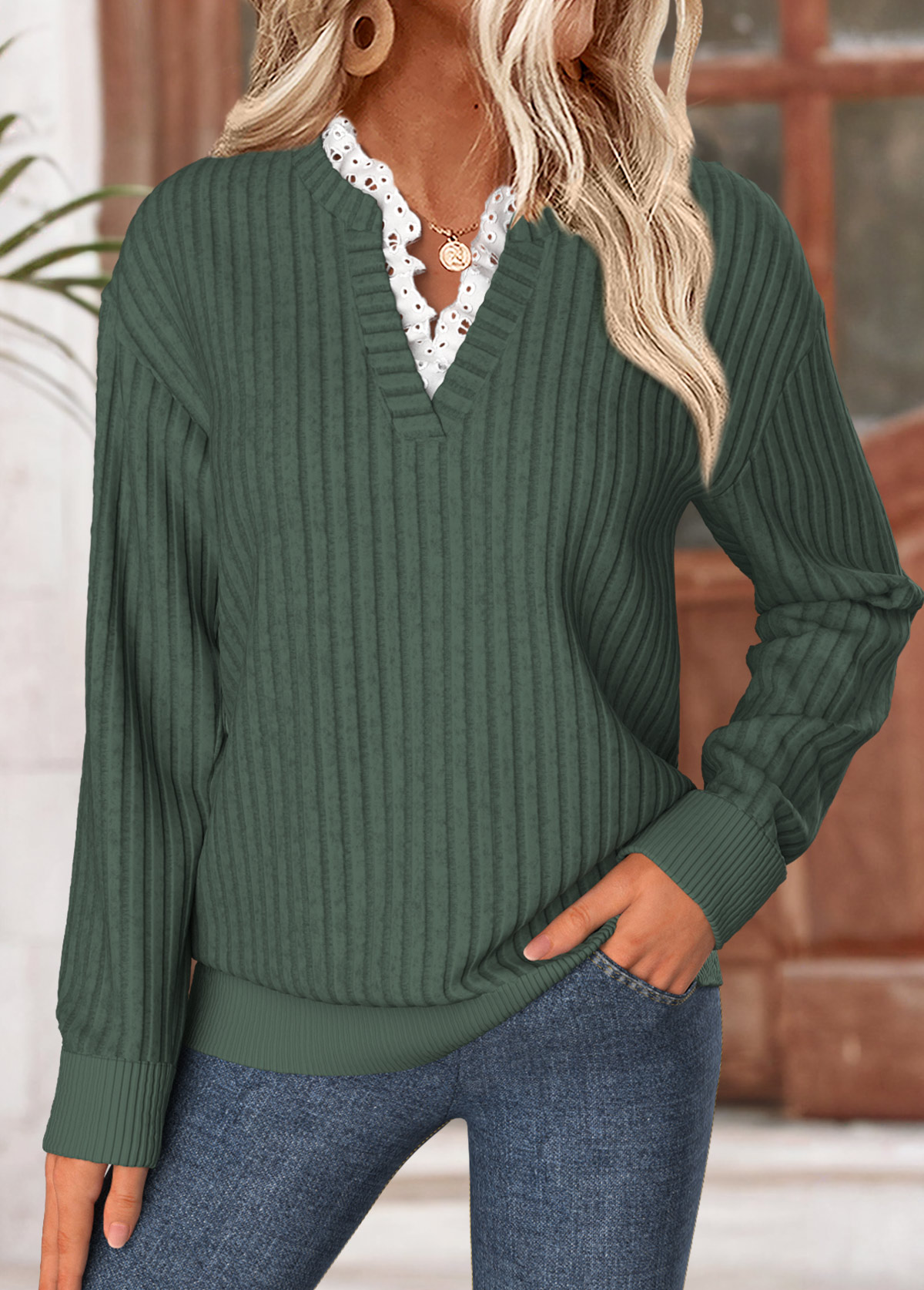 Green tops,Plain Color tops,ROTITA Frill Green Split Neck Long Sleeve Sweatshirt