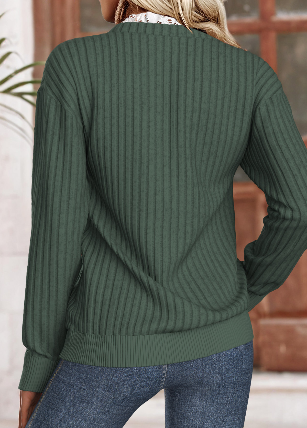 Green tops,Plain Color tops,ROTITA Frill Green Split Neck Long Sleeve Sweatshirt
