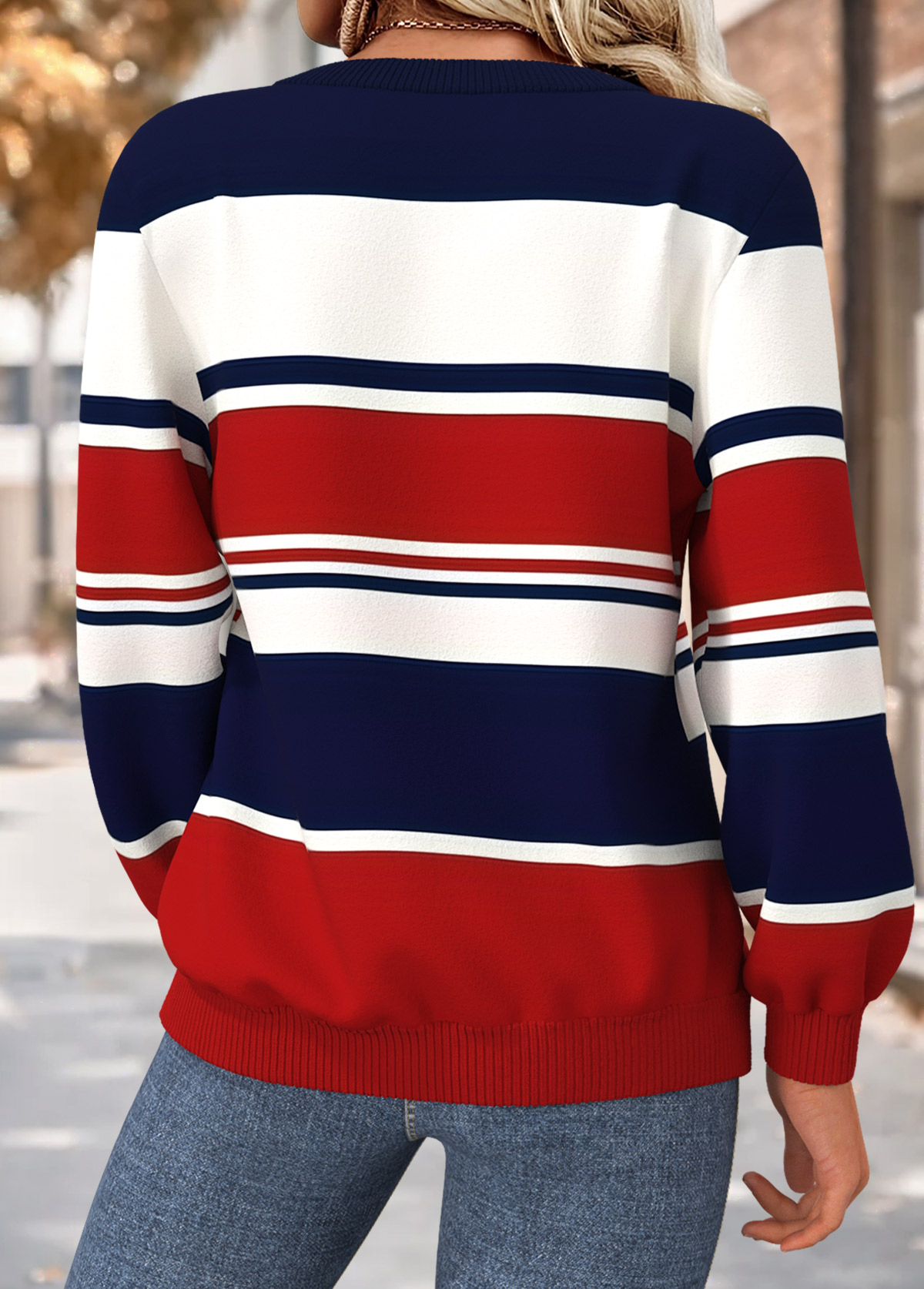 Multi Color tops,Geometric tops,ROTITA Tummy Coverage Geometric Print Multi Color Round Neck Sweatshirt