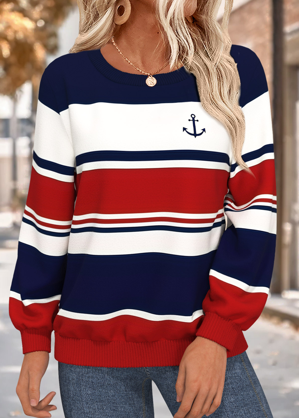 Multi Color tops,Geometric tops,ROTITA Tummy Coverage Geometric Print Multi Color Round Neck Sweatshirt
