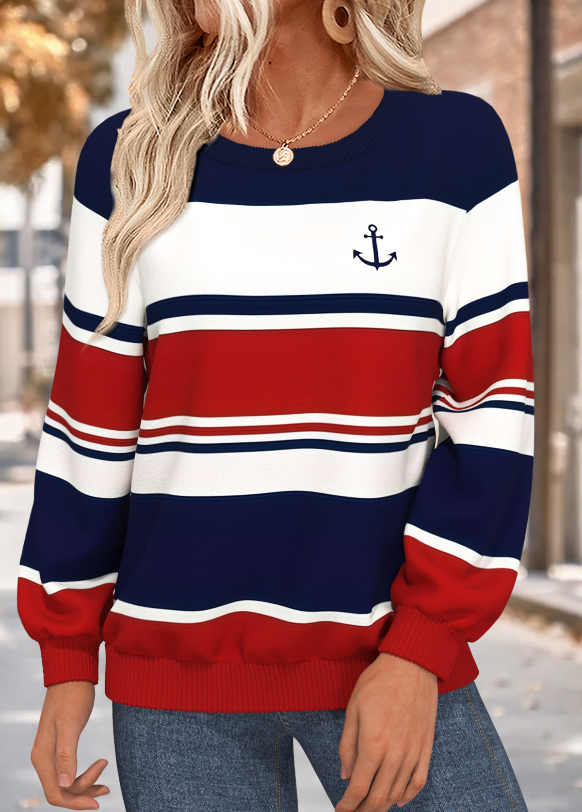 Multi Color tops,Geometric tops,ROTITA Tummy Coverage Geometric Print Multi Color Round Neck Sweatshirt