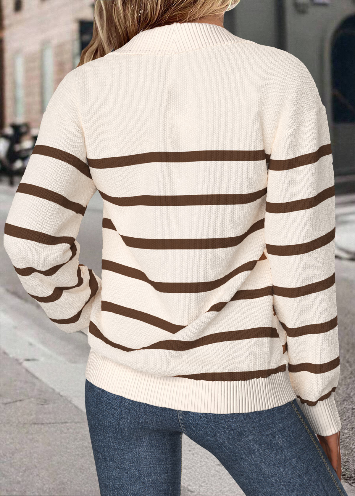 Beige tops,Striped tops,Geometric tops,ROTITA Tummy Coverage Striped Beige Turn Down Collar Sweatshirt