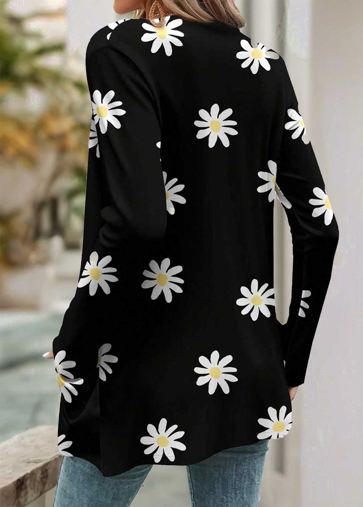 Black tops,Floral tops,Plants tops,ROTITA Tummy Coverage Floral Print Black Long Sleeve Coat