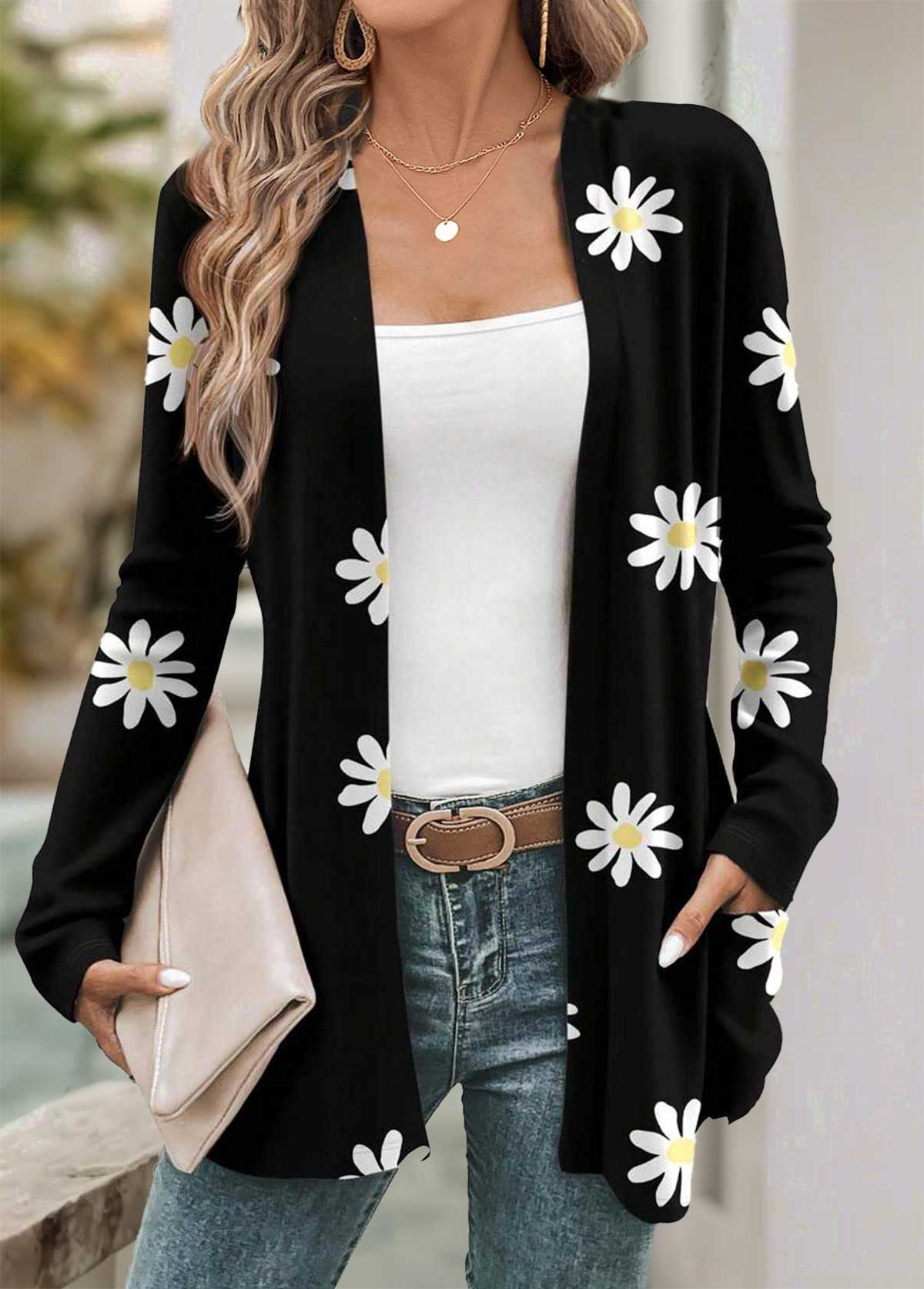 Black tops,Floral tops,Plants tops,ROTITA Tummy Coverage Floral Print Black Long Sleeve Coat